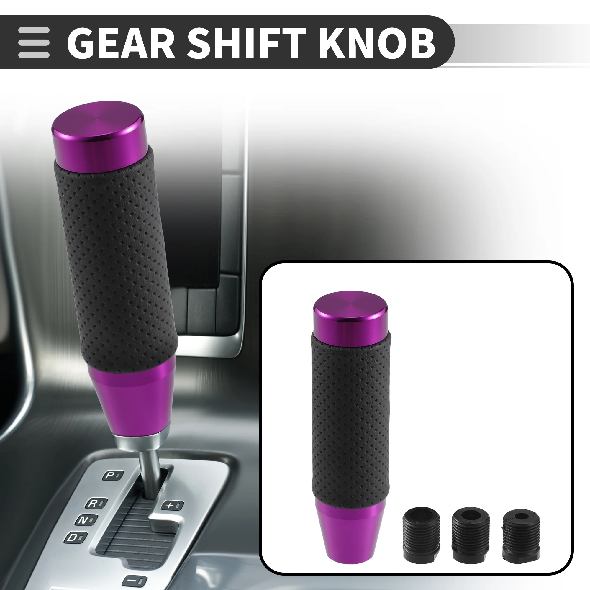 Universal Car Shift Knob, Gear Shifter Knob with 3 Adapter for Automatic and Manual Vehicle, 13cm, Punched Faux Leather, Purple, 1 Set - Image 3