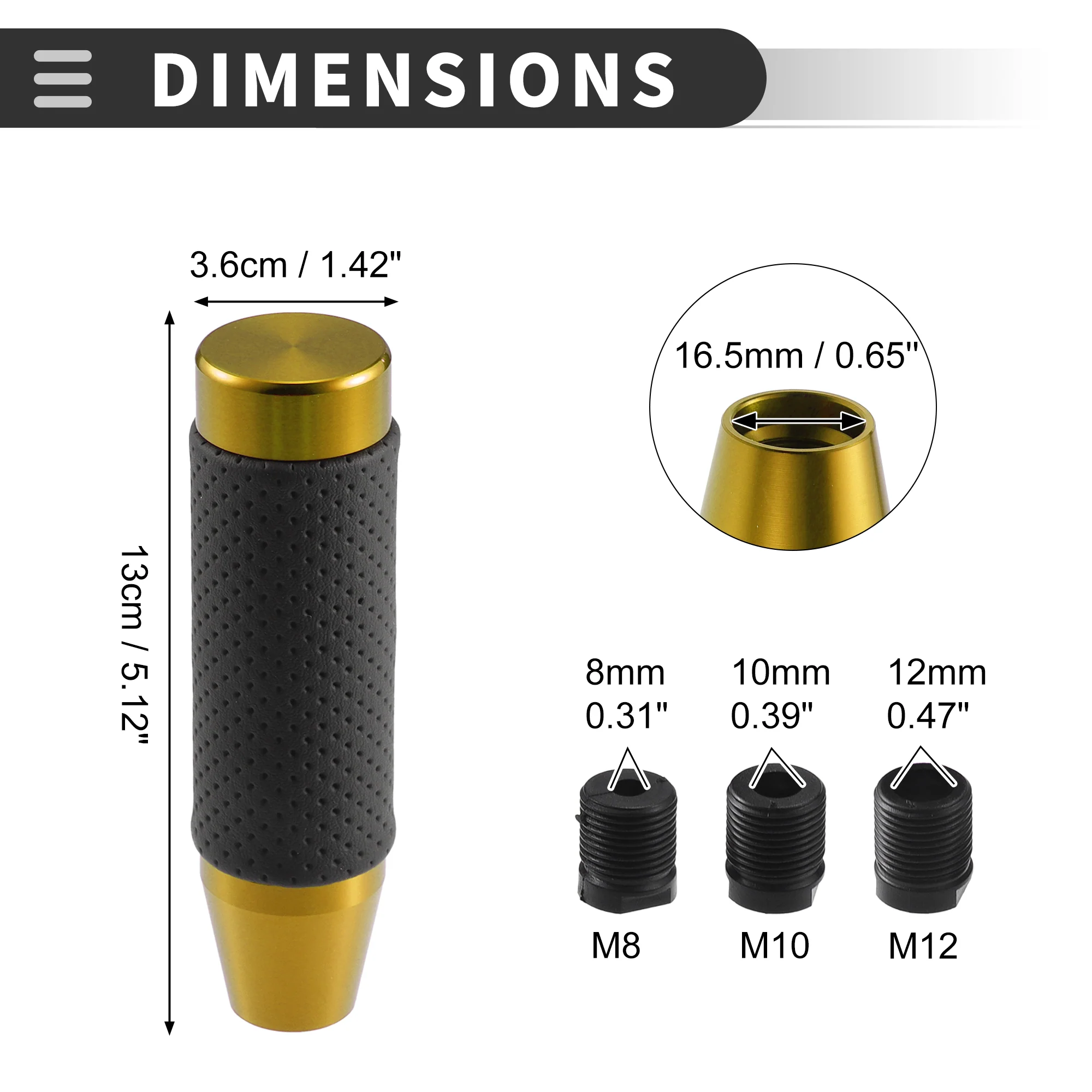 Universal Car Shift Knob, Gear Shifter Knob with 3 Adapter for Automatic and Manual Vehicle, 13cm, Punched Faux Leather, Gold Tone, 1 Set - Image 5