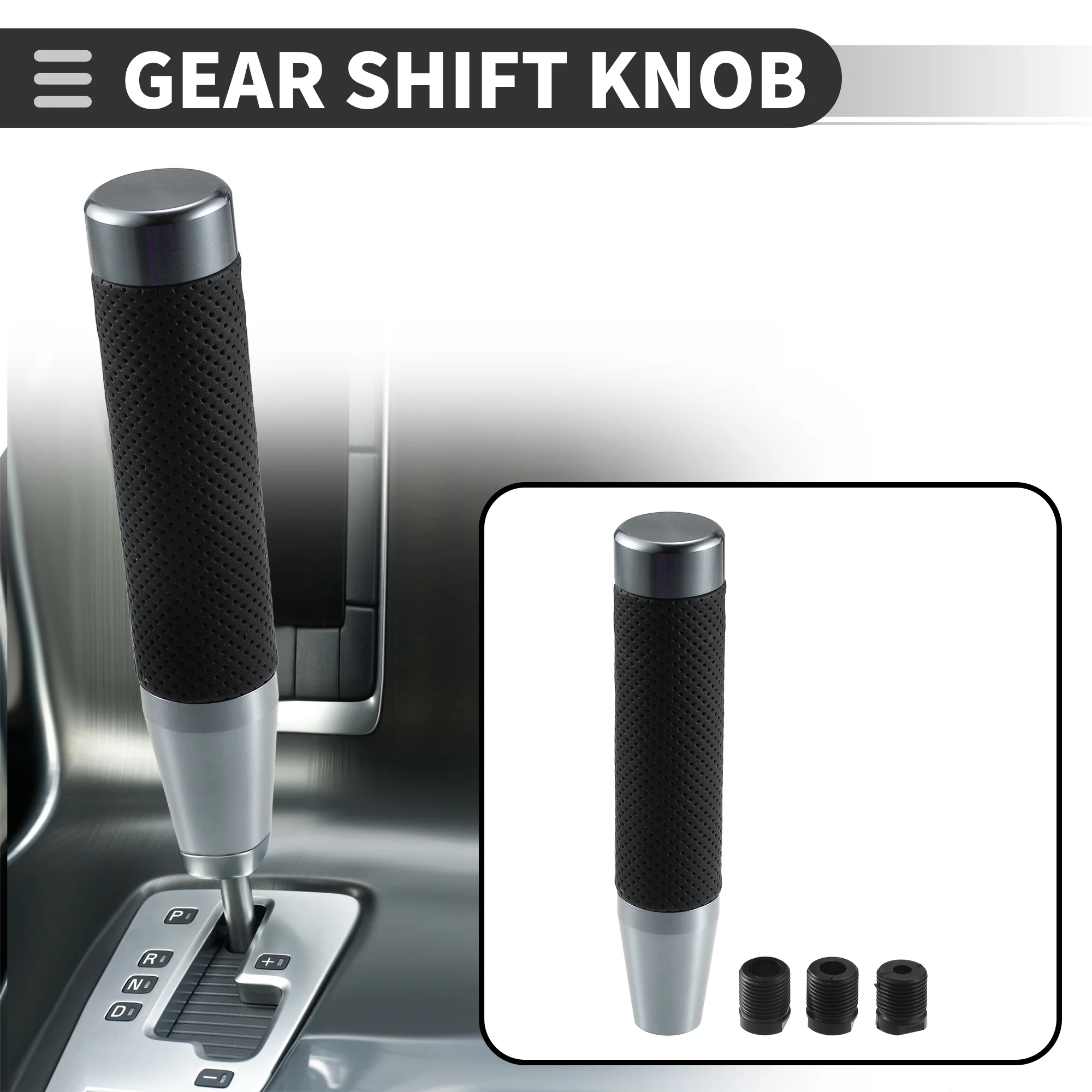 Universal Car Shift Knob, Gear Shifter Knob with 3 Adapter for Automatic and Manual Vehicle, 18cm, Punched Faux Leather, Titanium Tone, 1 Set - Image 3