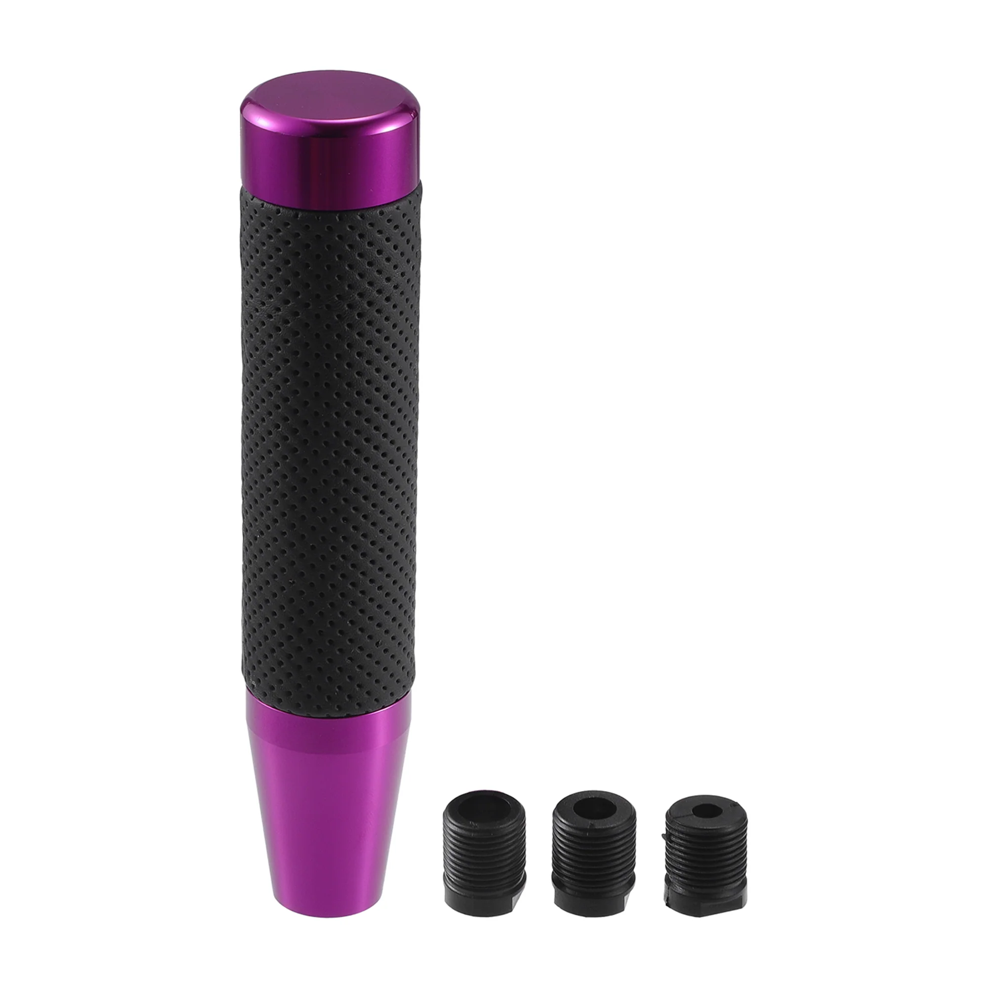 Universal Car Shift Knob, Gear Shifter Knob with 3 Adapter for Automatic and Manual Vehicle, 18cm, Punched Faux Leather Aluminum Alloy, Purple, 1 Set