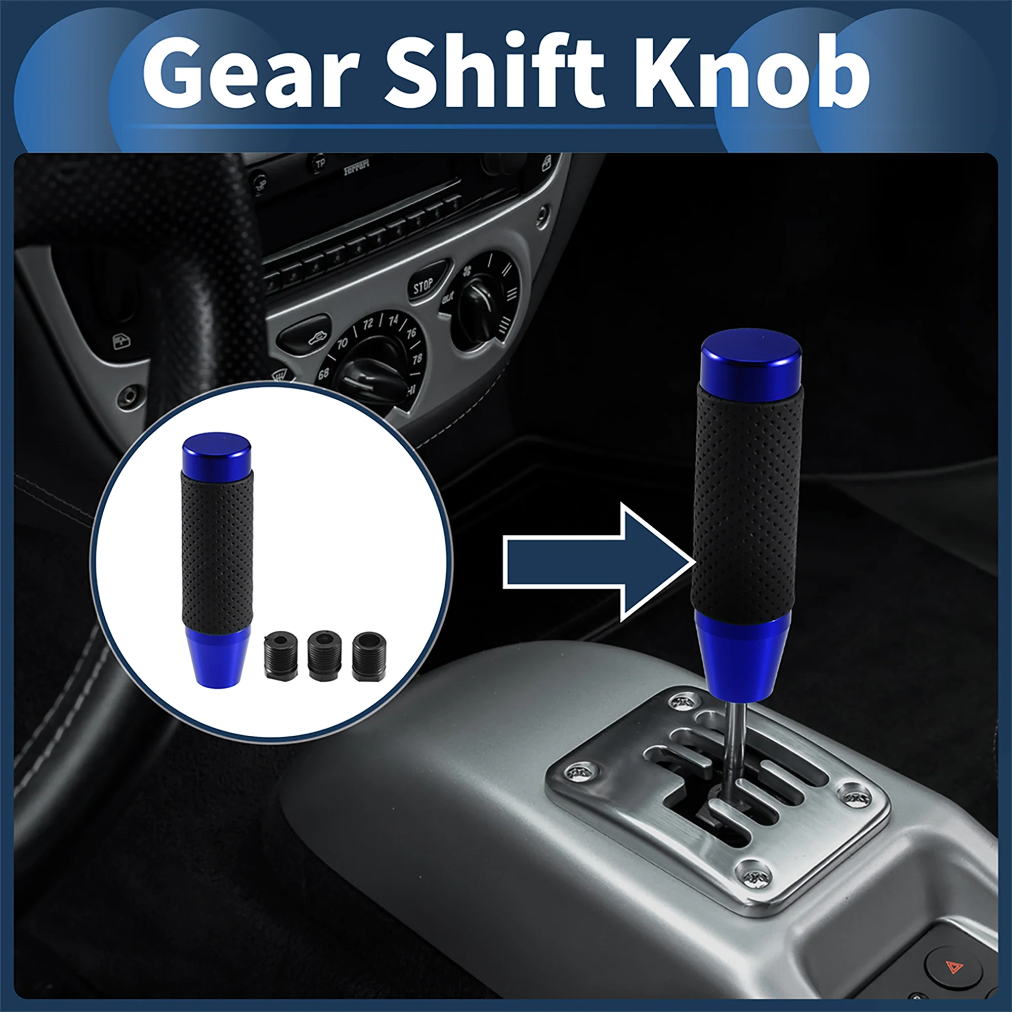 Cylinder Shift Knob, 13cm Universal for Automatic and Manual Vehicle Gear Shifter Knob with 3 Adapter Aluminum Alloy Blue, 1 Set - Image 2