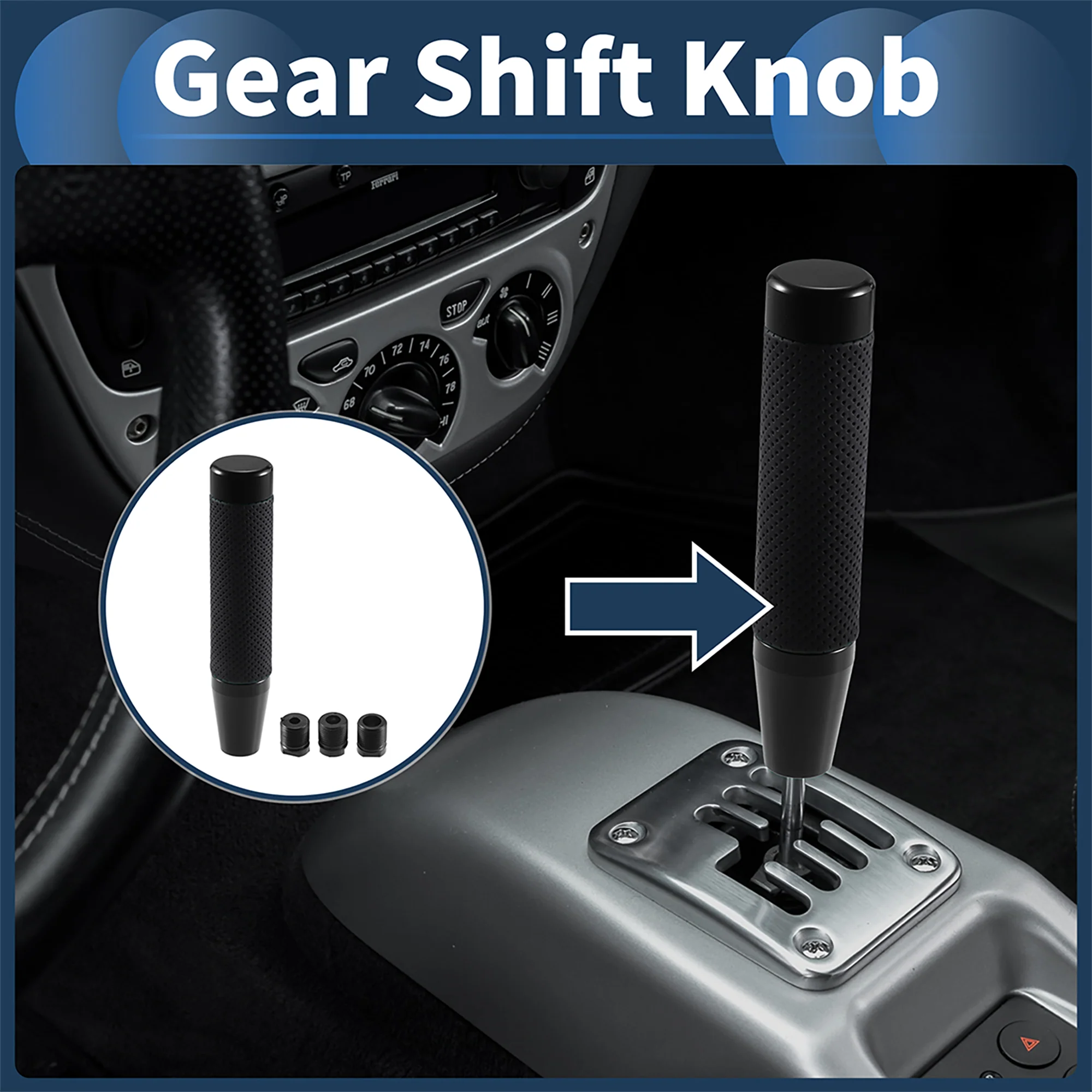 Cylinder Shift Knob, 18cm Universal for Automatic and Manual Vehicle Gear Shifter Knob with 3 Adapter Aluminum Alloy Black, 1 Set - Image 2
