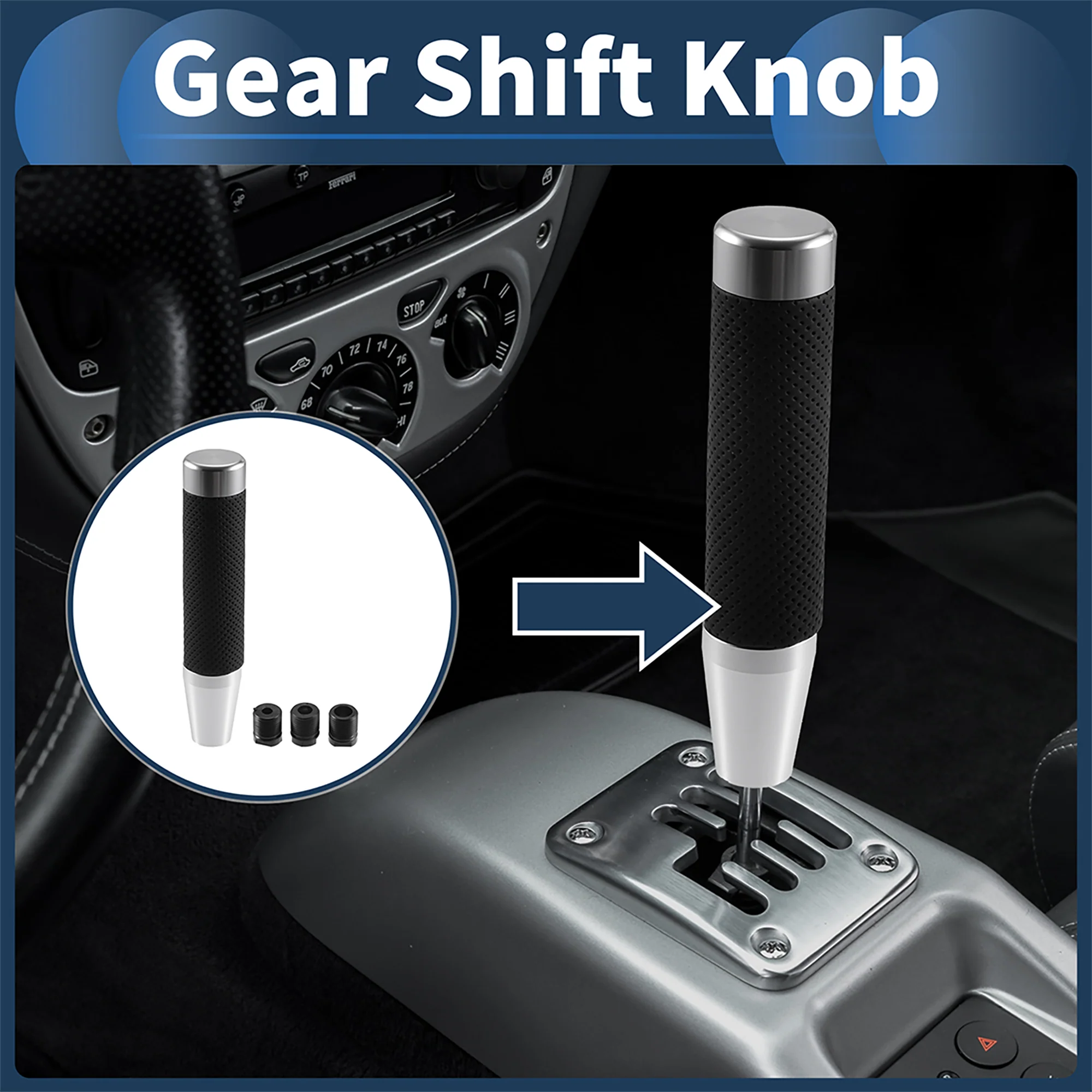Cylinder Shift Knob, 18cm Universal for Automatic and Manual Vehicle Gear Shifter Knob with 3 Adapter Aluminum Alloy Silver Tone, 1 Set - Image 2