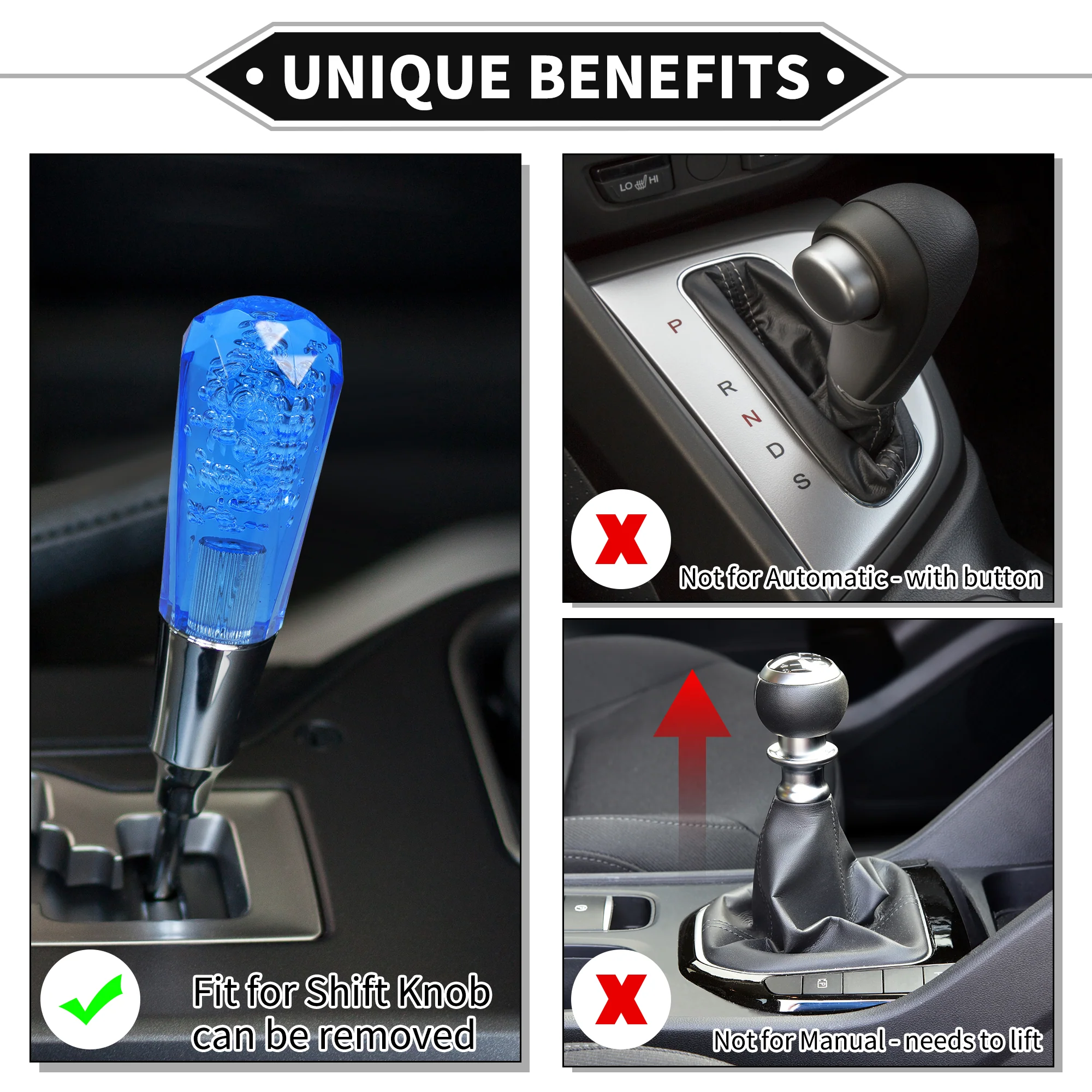 Gear Shifter Knob Kit, 10cm Faux Crystal Stick Shifter Lever Knob Universal for Automatic and Manual Vehicles Durable Acrylic Blue with 2 Adapter - Image 4