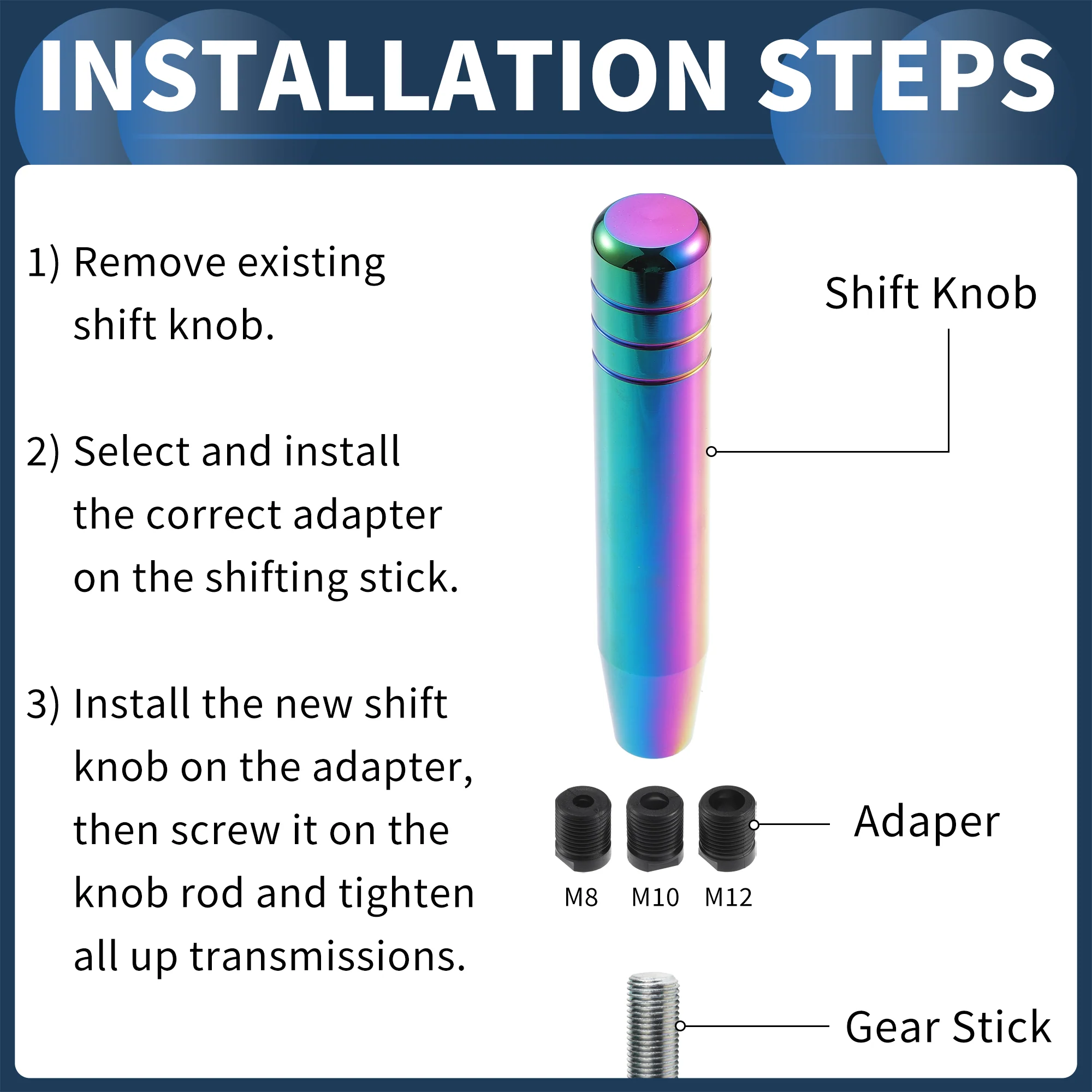 Car Shift Knob, 18cm Universal for Automatic and Manual Vehicle Gear Shifter Knob with 3 Adapter Aluminum Alloy Assorted Color, 1 Set - Image 5