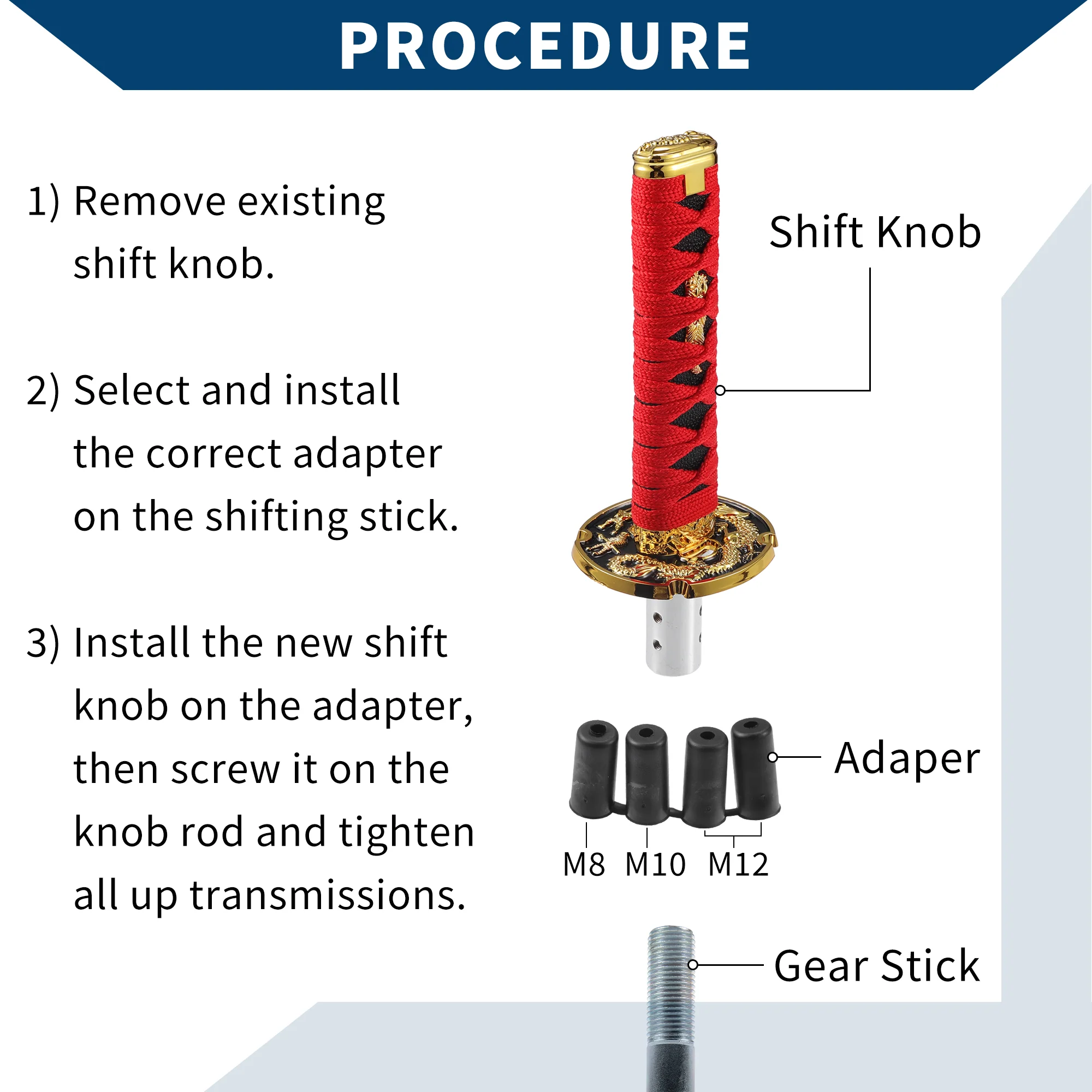 Shift Knob with 4 Adapter / Front Gear Shifter Knob for Automatic and Manual Vehicles / Stick Shifter Lever Knob Iron 22cm / 1 Set Red - Image 5