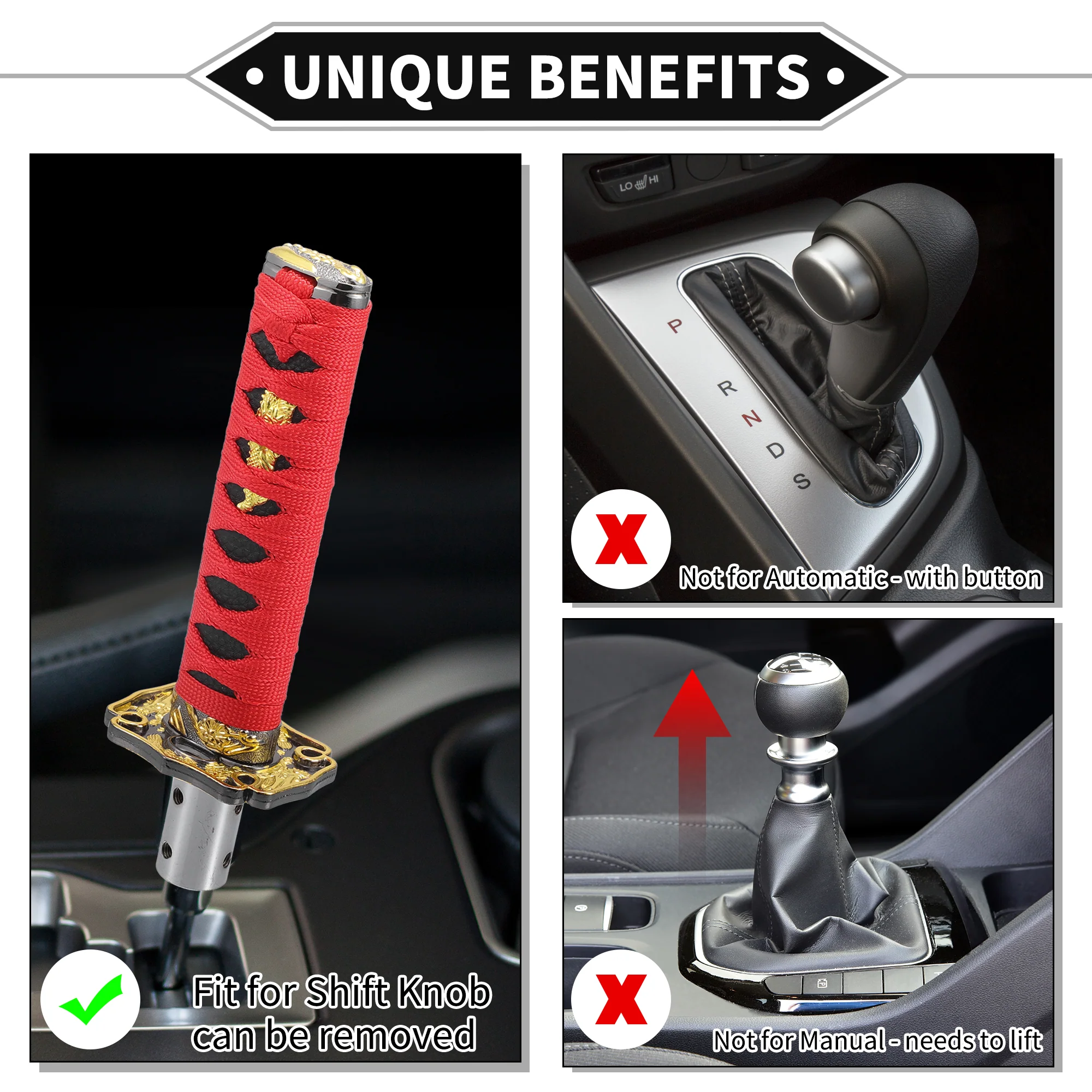 Gear Shifter Knob Kit, 20cm Stick Shifter Lever Knob Universal for Automatic and Manual Vehicle Durable Aluminum Alloy Black Red with 4 Adapter - Image 4