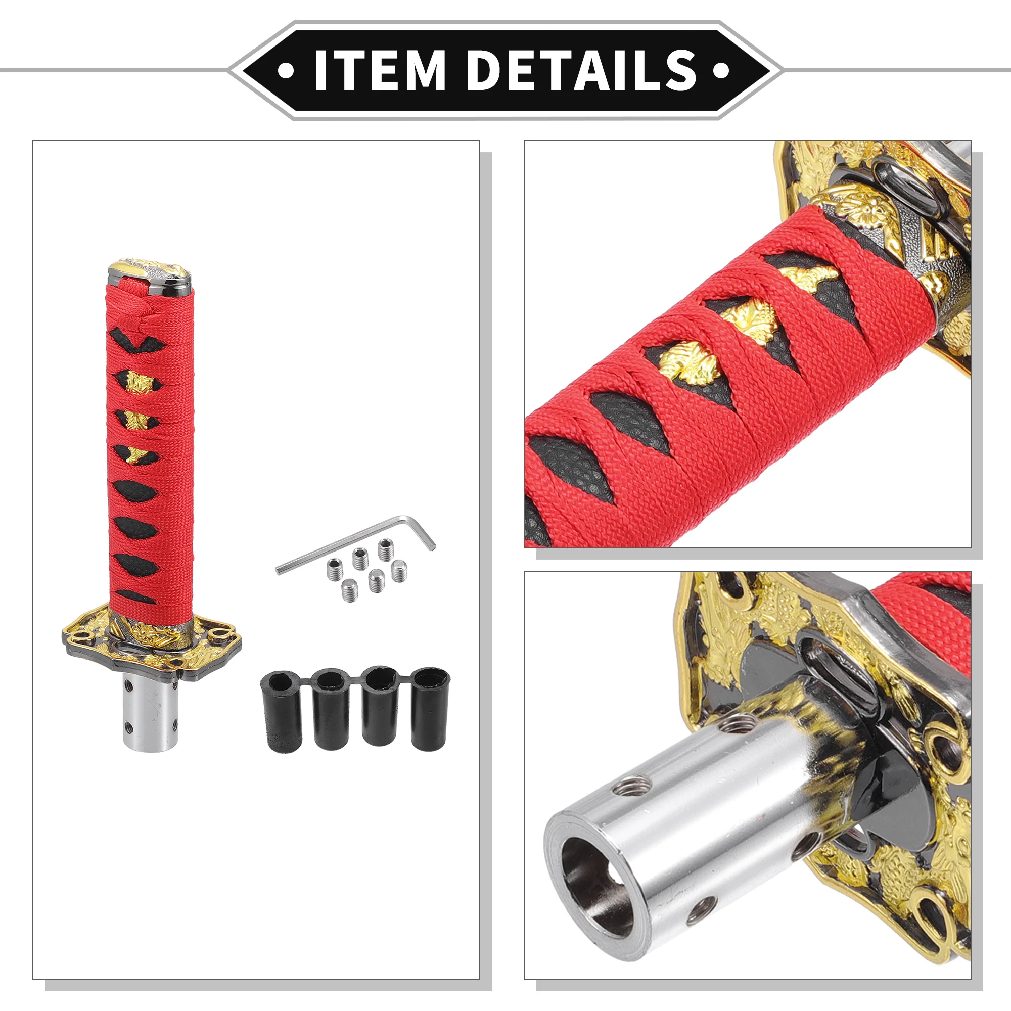 Gear Shifter Knob Kit, 20cm Stick Shifter Lever Knob Universal for Automatic and Manual Vehicle Durable Aluminum Alloy Black Red with 4 Adapter - Image 6