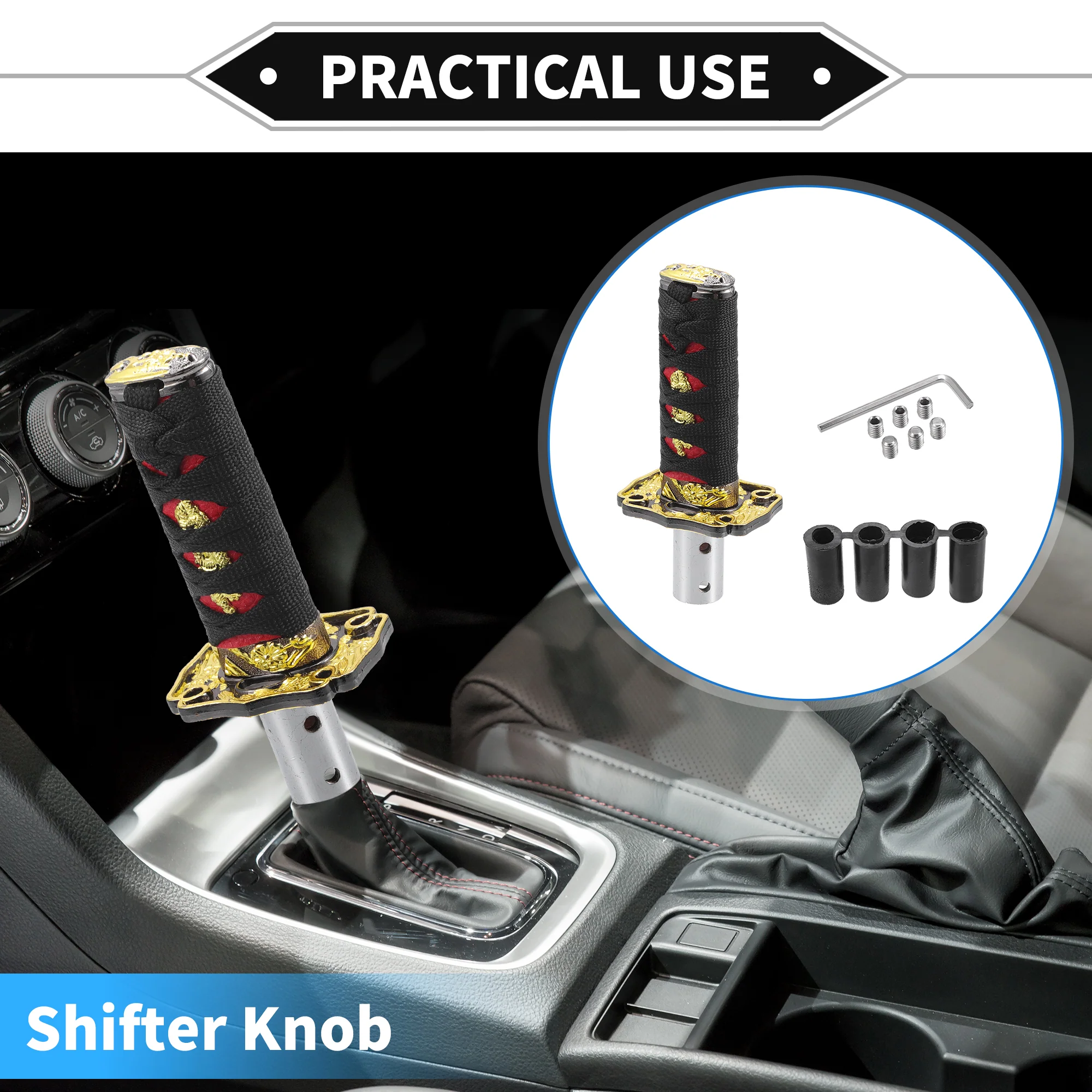 Gear Shifter Knob Kit, 15cm Stick Shifter Lever Knob Universal for Automatic and Manual Vehicle Durable Aluminum Alloy Black Red with 4 Adapter - Image 3