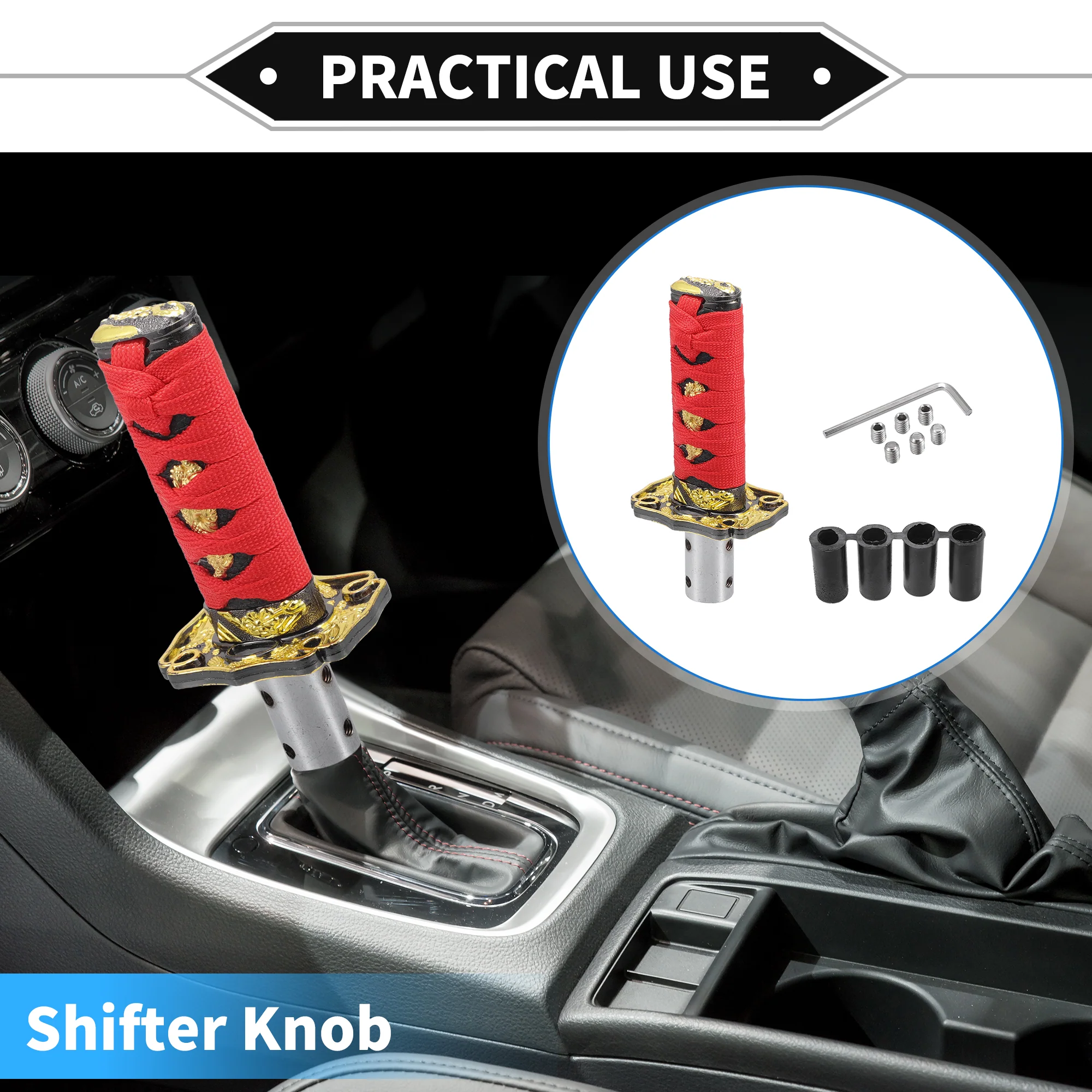 Gear Shifter Knob Kit, 15cm Stick Shifter Lever Knob Universal for Automatic and Manual Vehicle Durable Aluminum Alloy Red with 4 Adapter - Image 3