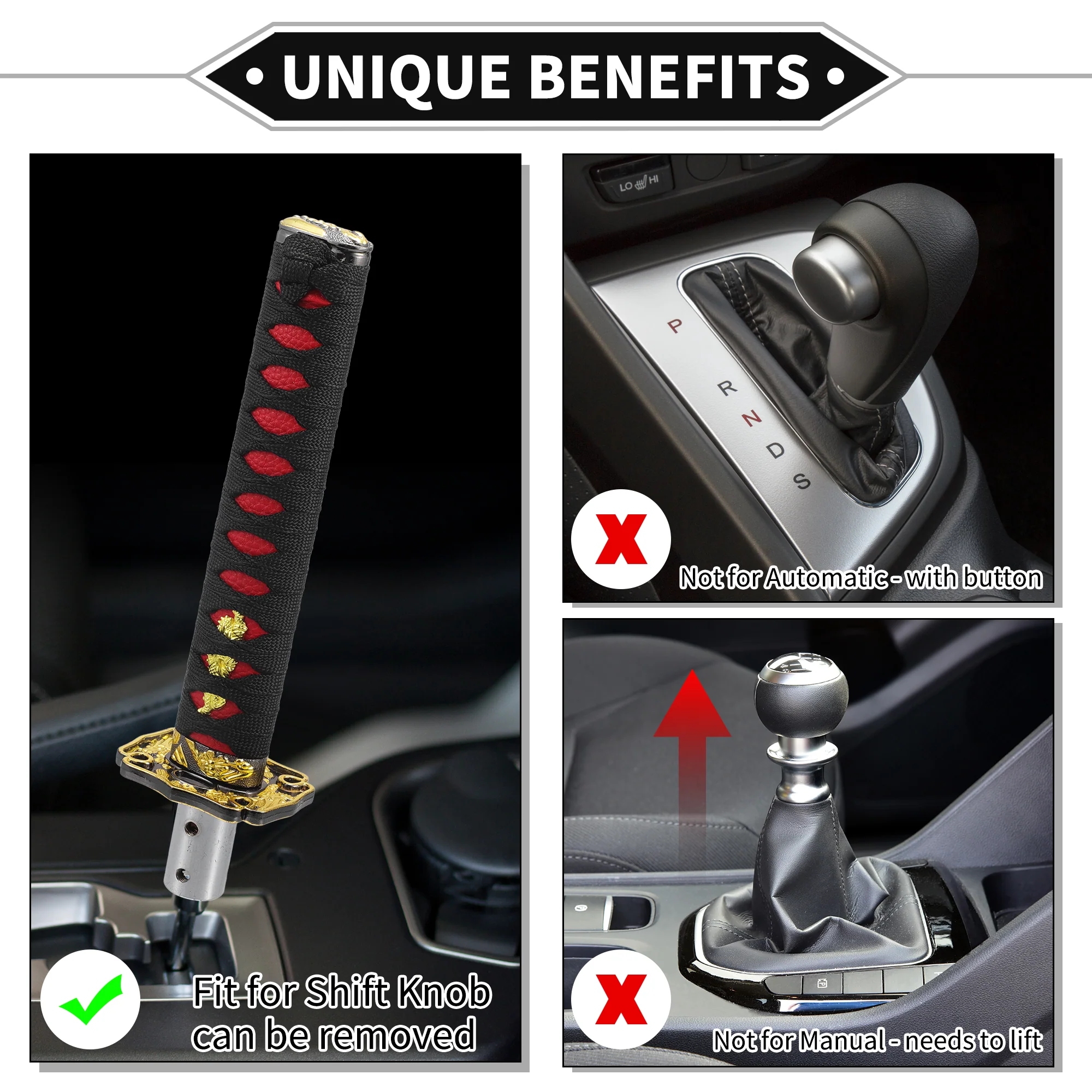 Gear Shifter Knob Kit, 25cm Stick Shifter Lever Knob Universal for Automatic and Manual Vehicle Durable Aluminum Alloy Black Red with 4 Adapter - Image 4