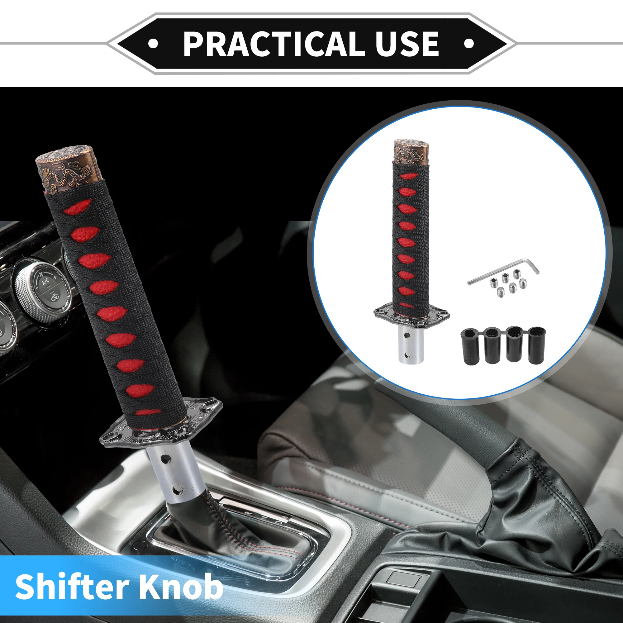 Gear Shifter Knob Kit, 20cm Stick Shifter Lever Knob Universal for Automatic and Manual Vehicle Durable Iron Silver Tone Red with 4 Adapter - Image 3