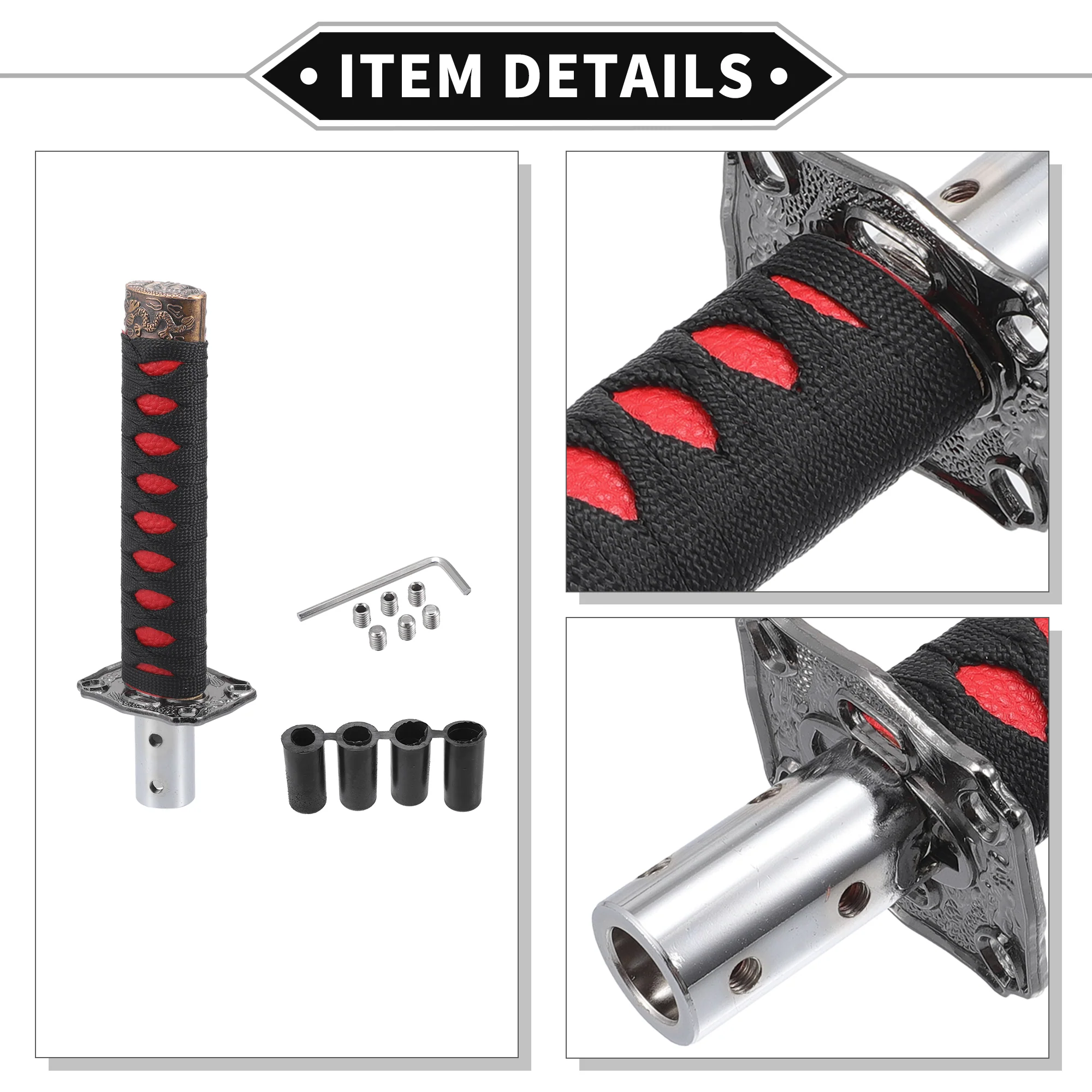 Gear Shifter Knob Kit, 20cm Stick Shifter Lever Knob Universal for Automatic and Manual Vehicle Durable Iron Silver Tone Red with 4 Adapter - Image 6