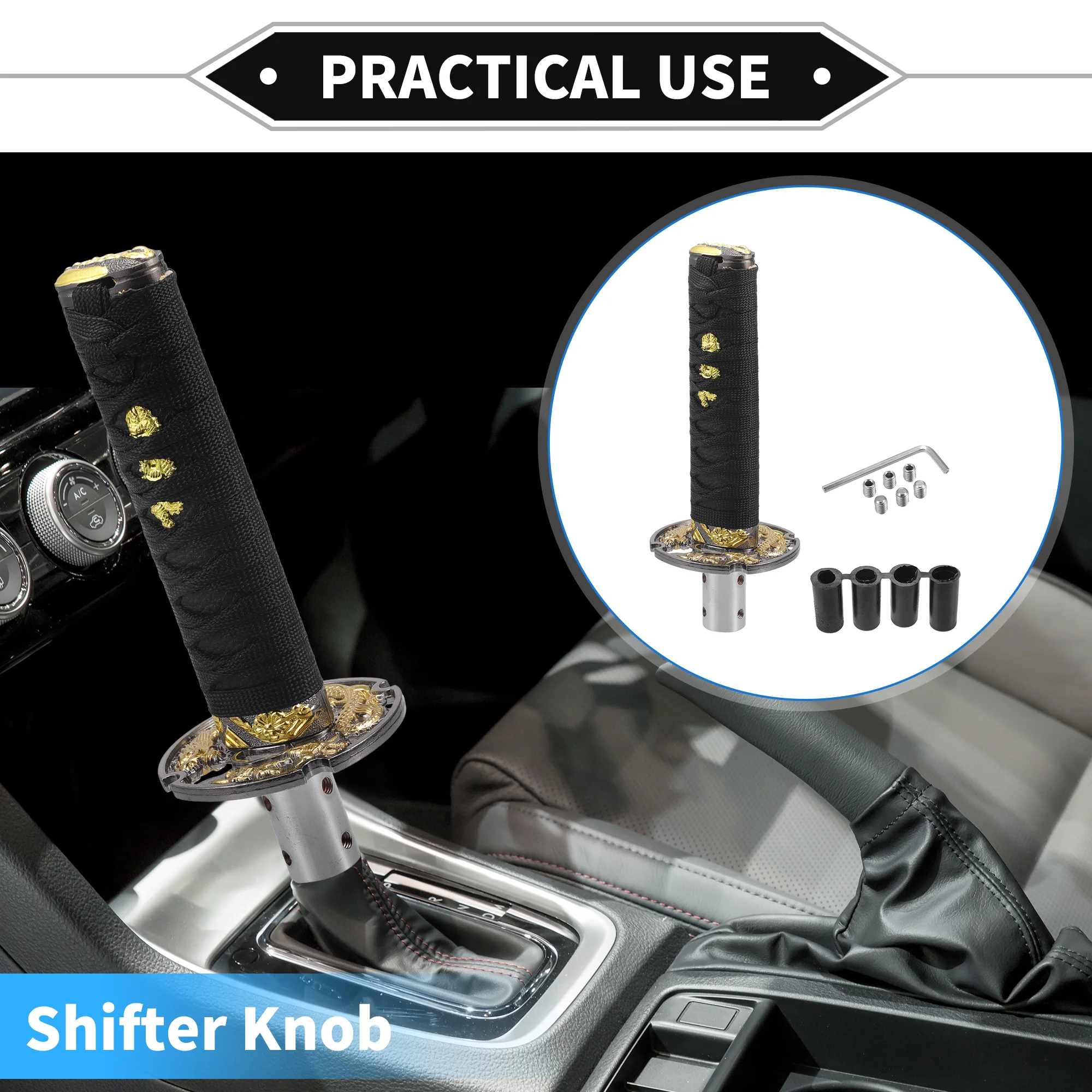 Gear Shifter Knob Kit, 20cm Stick Shifter Lever Knob Universal for Automatic and Manual Vehicle Durable Iron Gold Tone Black with 4 Adapter - Image 3