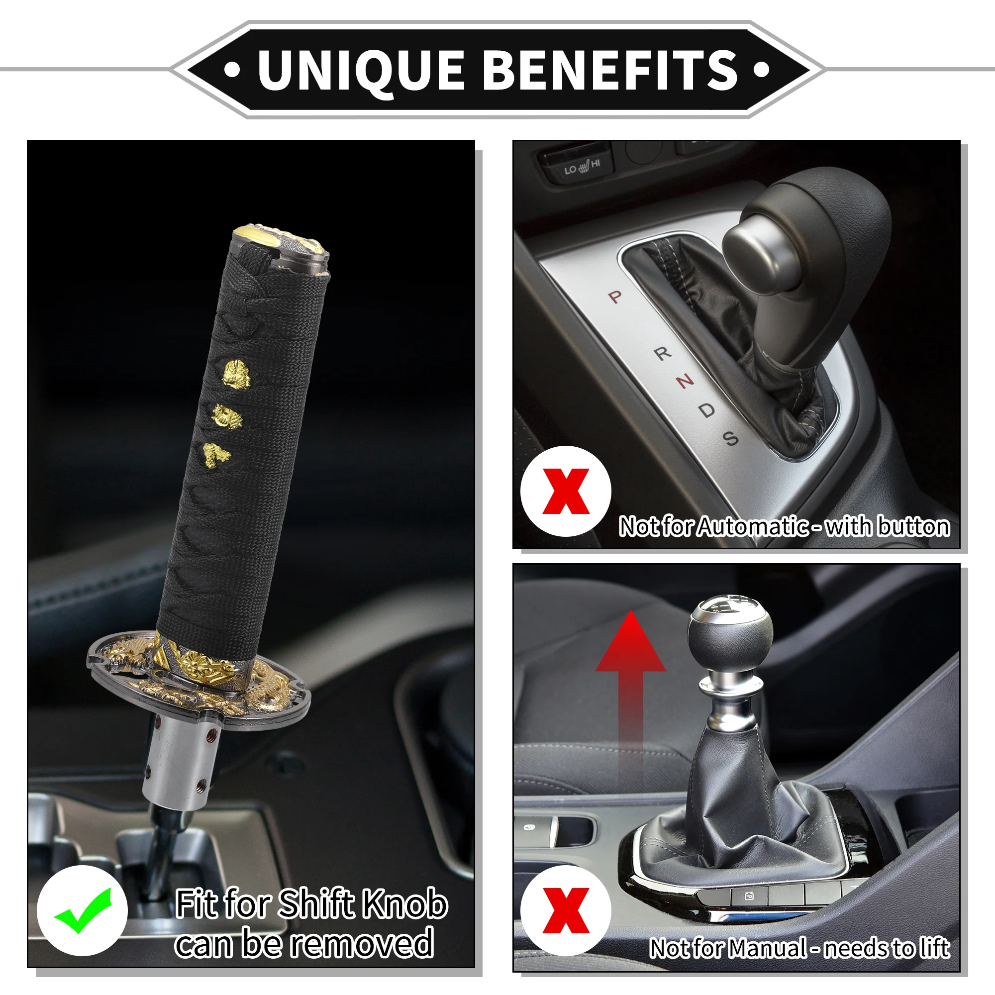 Gear Shifter Knob Kit, 20cm Stick Shifter Lever Knob Universal for Automatic and Manual Vehicle Durable Iron Gold Tone Black with 4 Adapter - Image 4