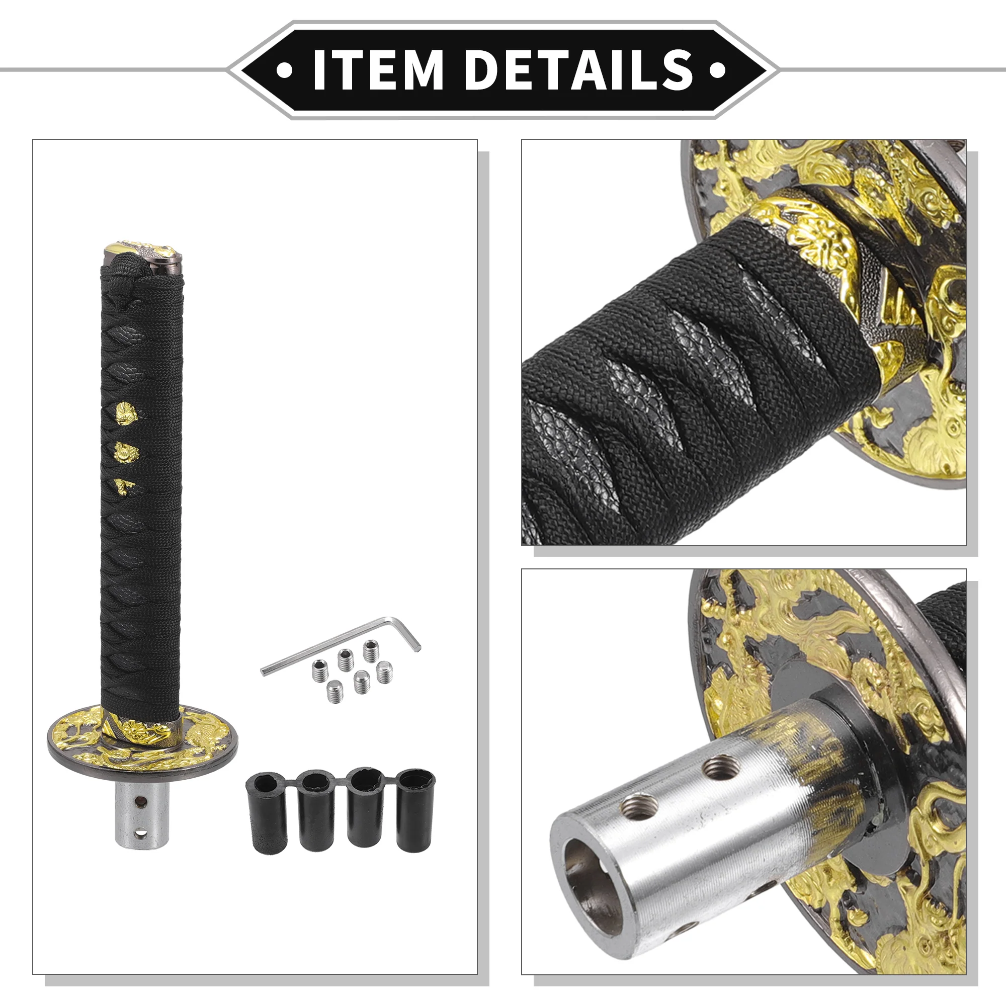 Gear Shifter Knob Kit, 25cm Stick Shifter Lever Knob Universal for Automatic and Manual Vehicle Durable Iron Gold Tone Black with 4 Adapter - Image 6