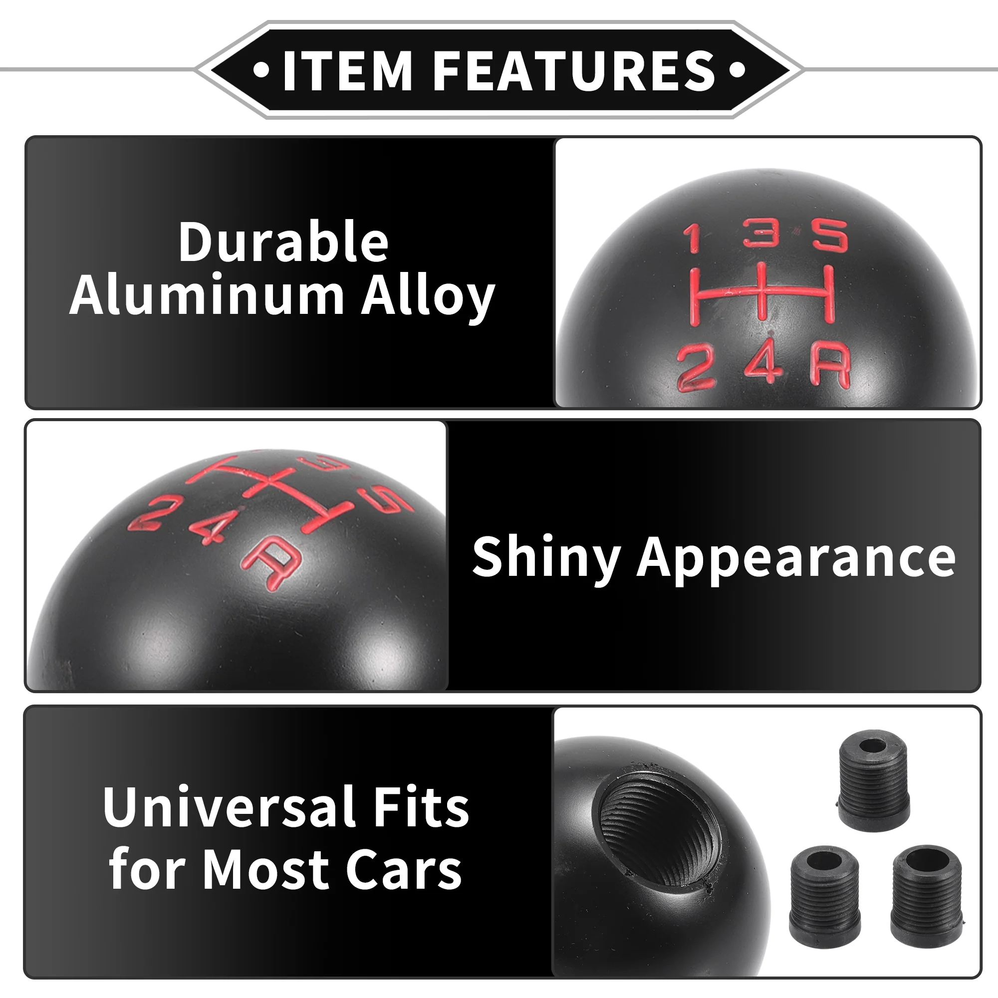 Gear Shifter Knob Kit, 5cm Round Ball Shift Lever Knob Universal for 5 Speed Manual Transmission Vehicle Durable Aluminum Alloy Black with 3 Adapter - Image 5