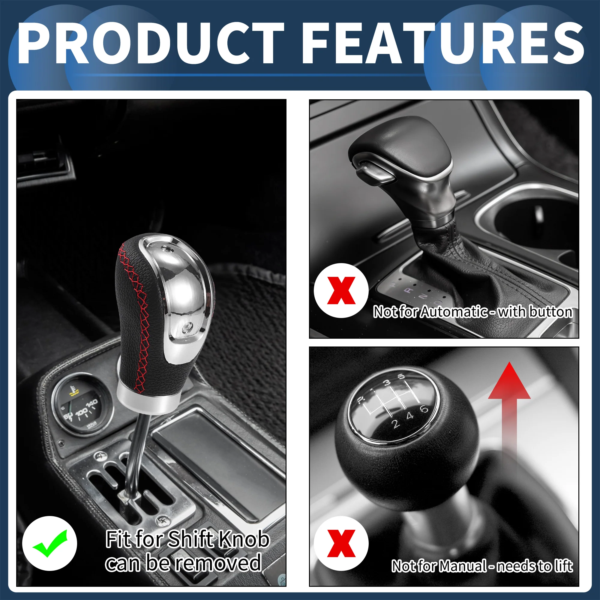 9.4cm 5 6 Speed Car Manual Shift Knob W/ 4 Adapter Faux Leather Black Red 1 Set - Image 5