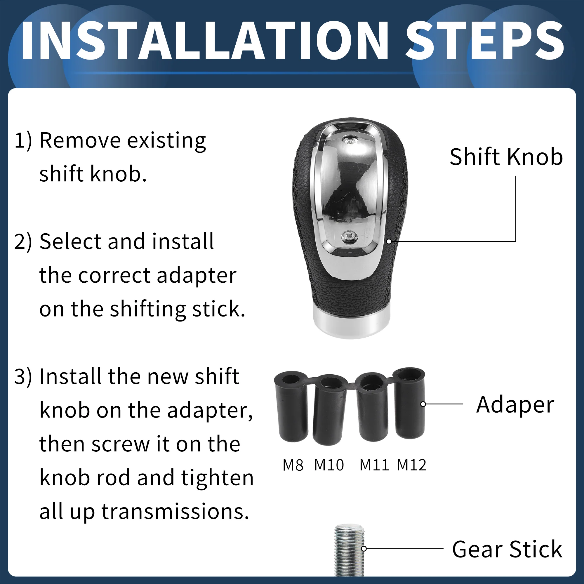 Car Shift Knob, 9.4cm Universal for 5 6 Speed Manual Transmission Vehicle Gear Shifter Knob W/ 4 Adapter Faux Leather Black with Black Stitches, 1 Set - Image 5
