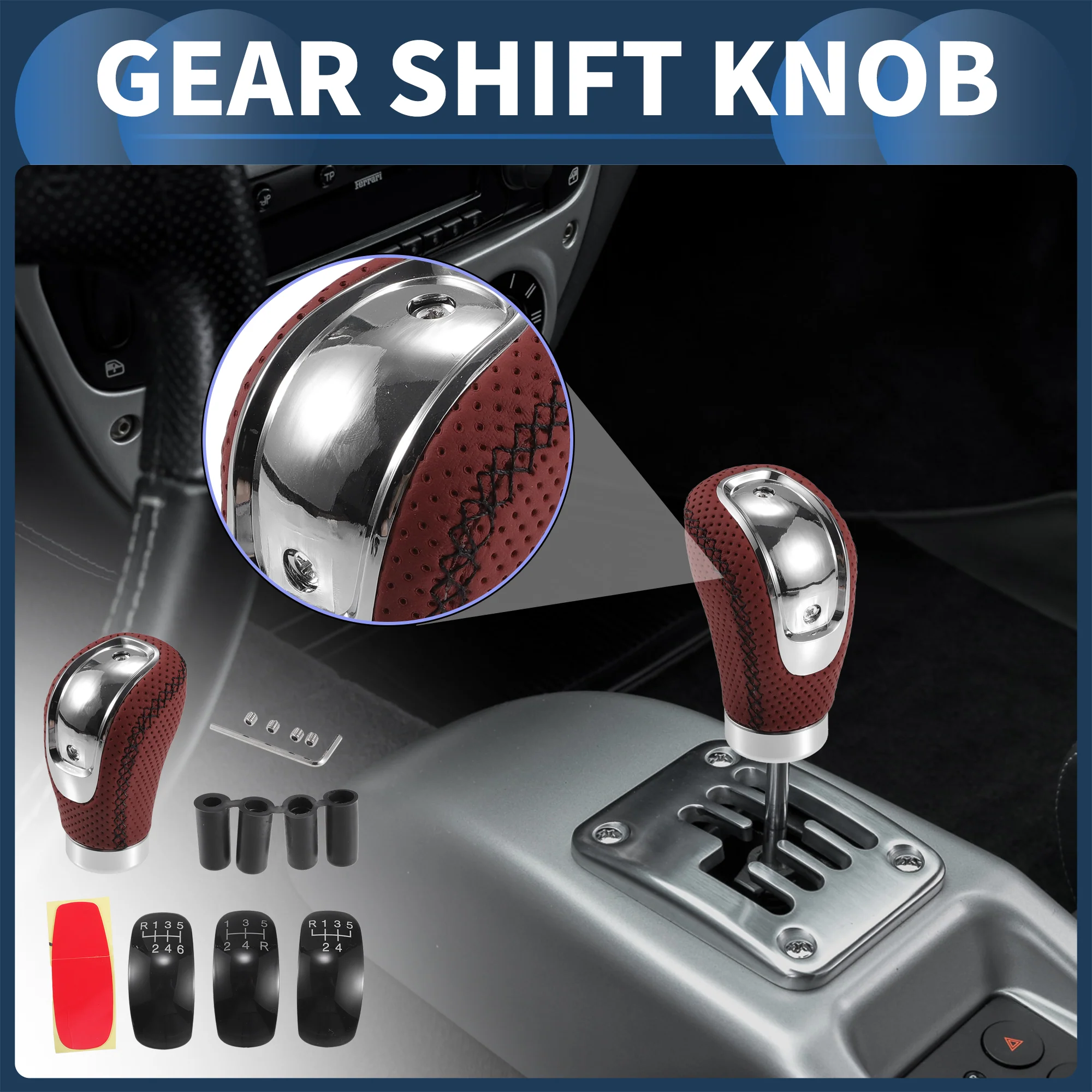Car Shift Knob, 9.4cm for 5 6 Speed Manual Transmission Vehicle Gear Shifter Knob with 4 Adapter Punched Faux Leather Red with Black Stitches, 1 Set - Image 2