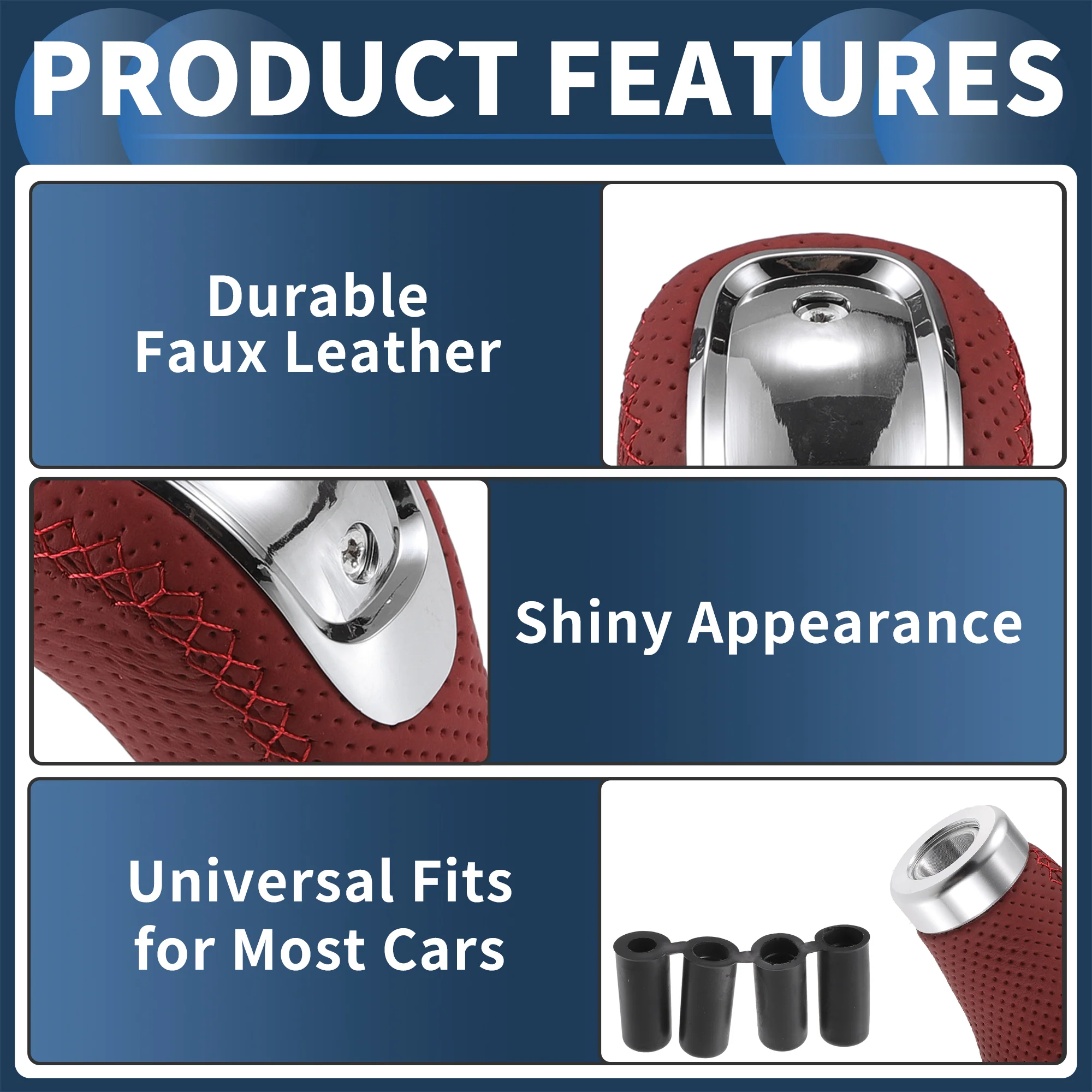 Car Shift Knob, 9.7cm for 5 6 Speed Manual Transmission Vehicle Gear Shifter Knob with 4 Adapter Punched Faux Leather Red with Red Stitches, 1 Set - Image 7