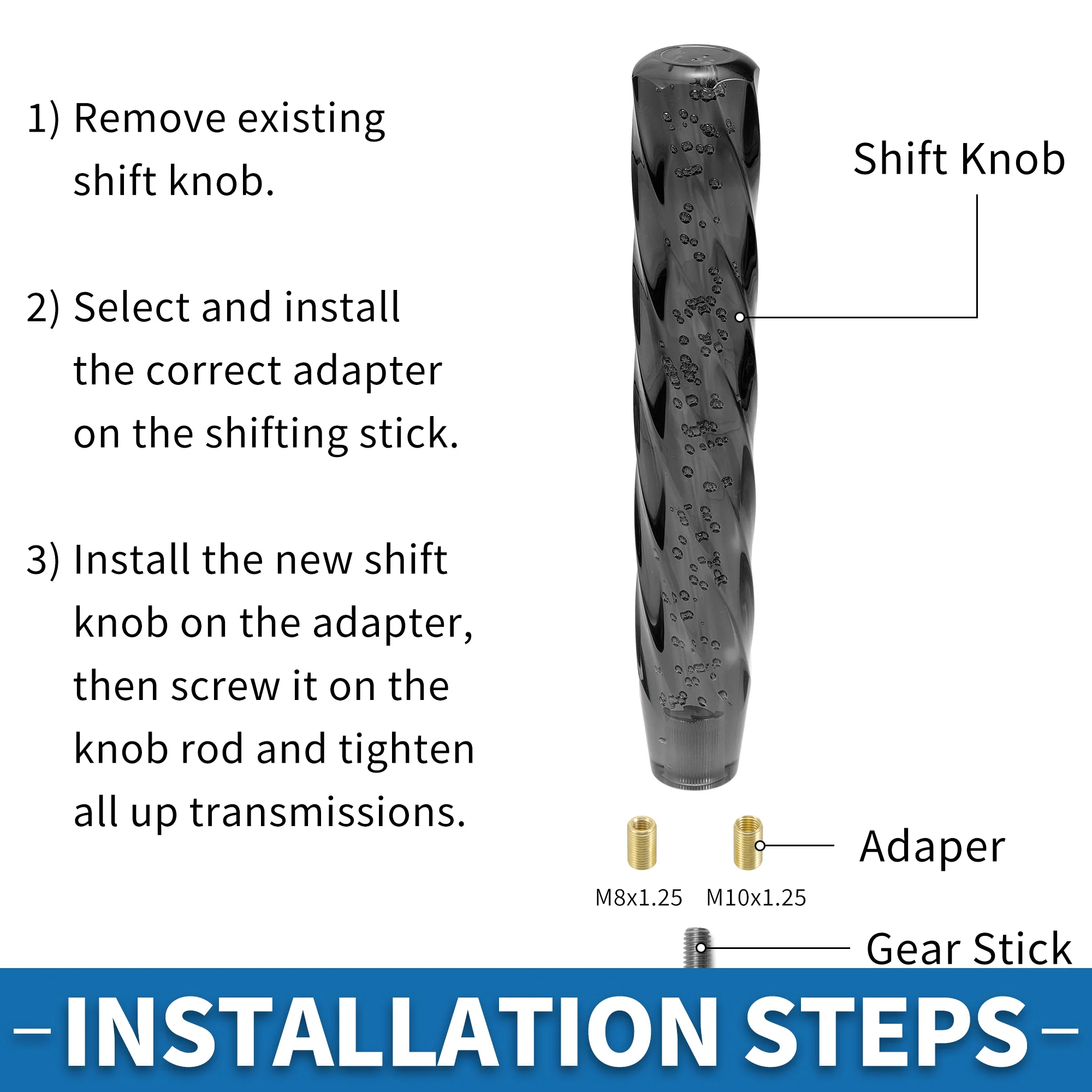 Universal Shift Knob 30cm Stick Shifter Lever Knob with 2 Adapter for Automatic and Manual Vehicle Acrylic Black - Image 5