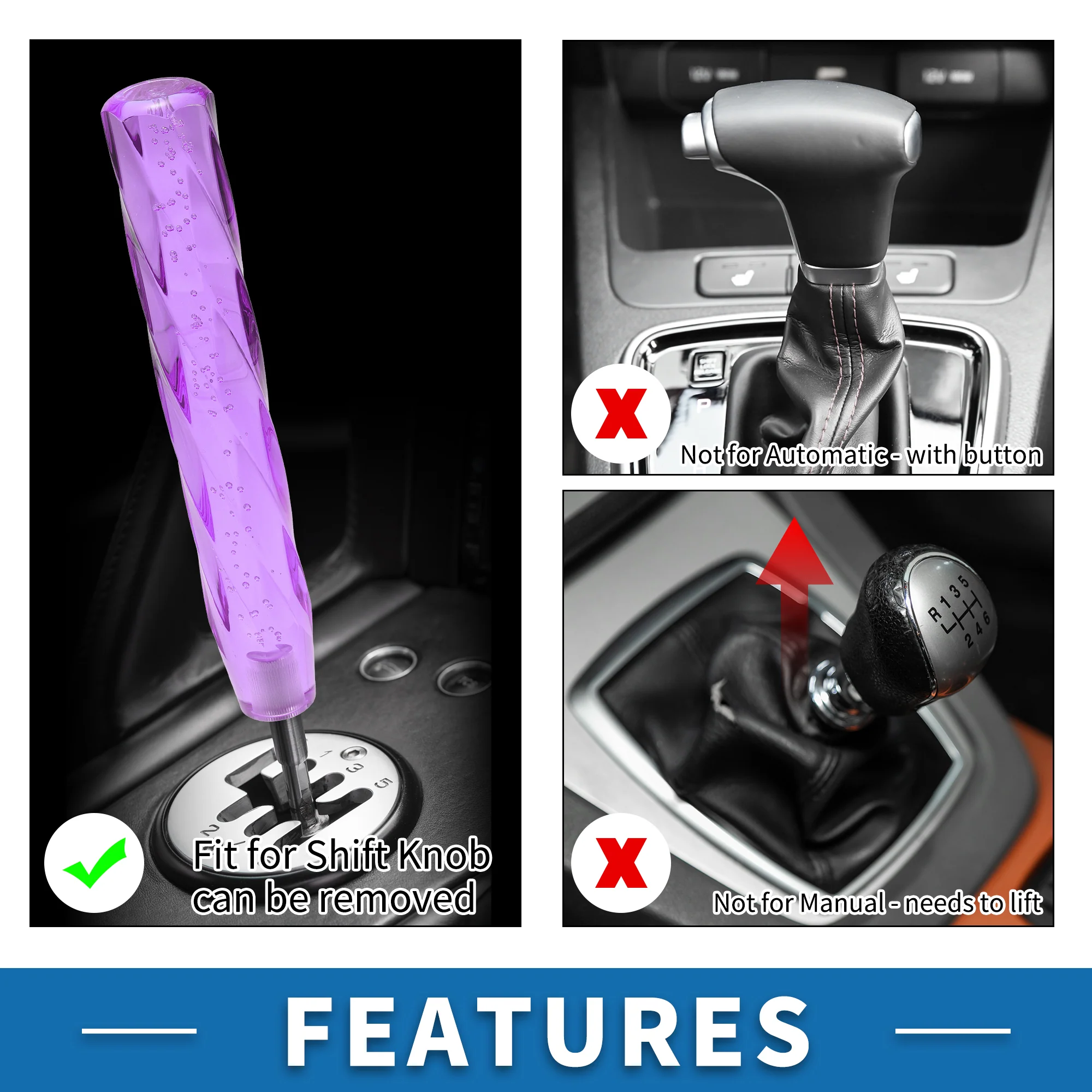 Universal Shift Knob 30cm Stick Shifter Lever Knob with 2 Adapter for Automatic and Manual Vehicle Acrylic Purple - Image 6