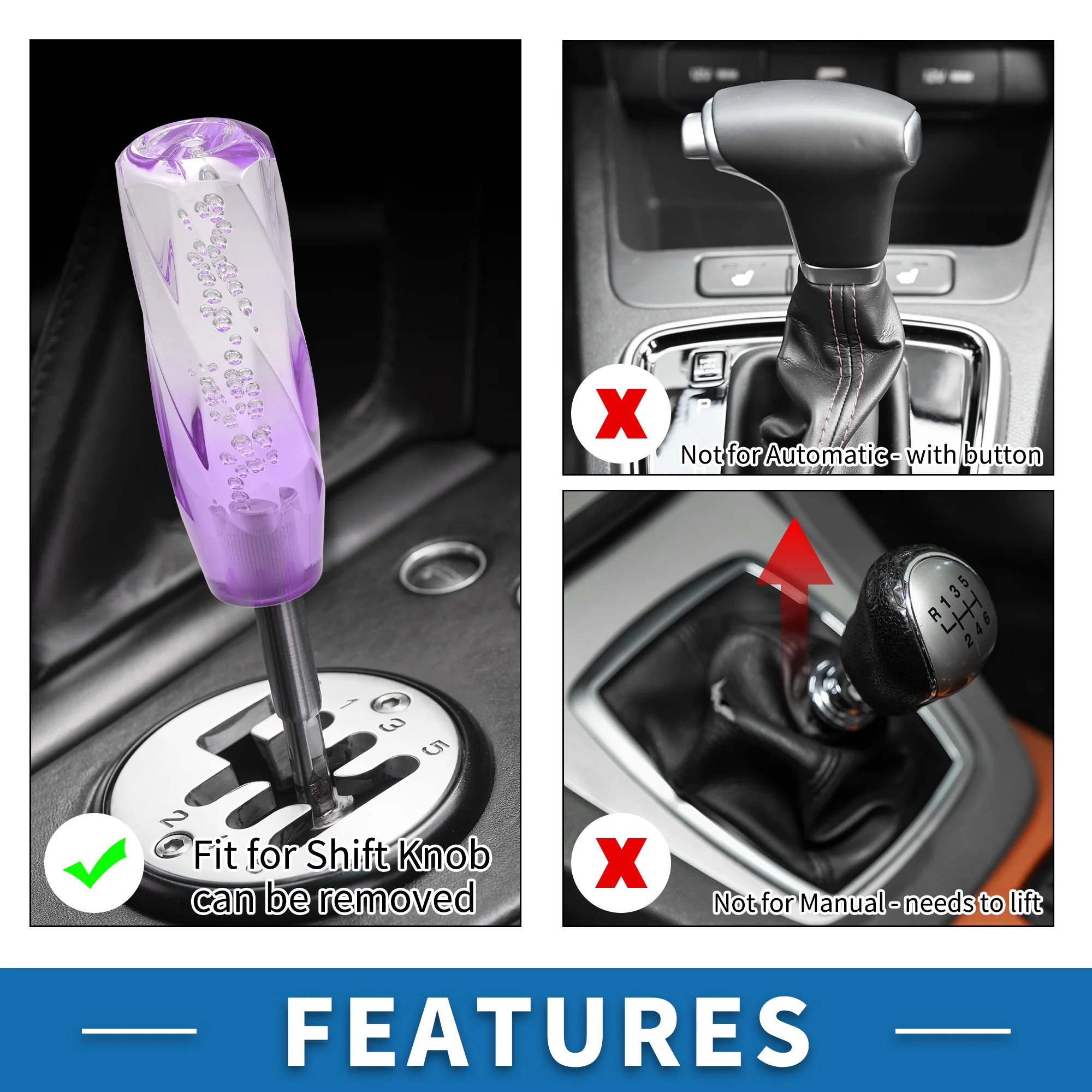 Universal Shift Knob 15cm Stick Shifter Lever Knob with 2 Adapter for Automatic and Manual Vehicle Acrylic Purple Transparent - Image 6