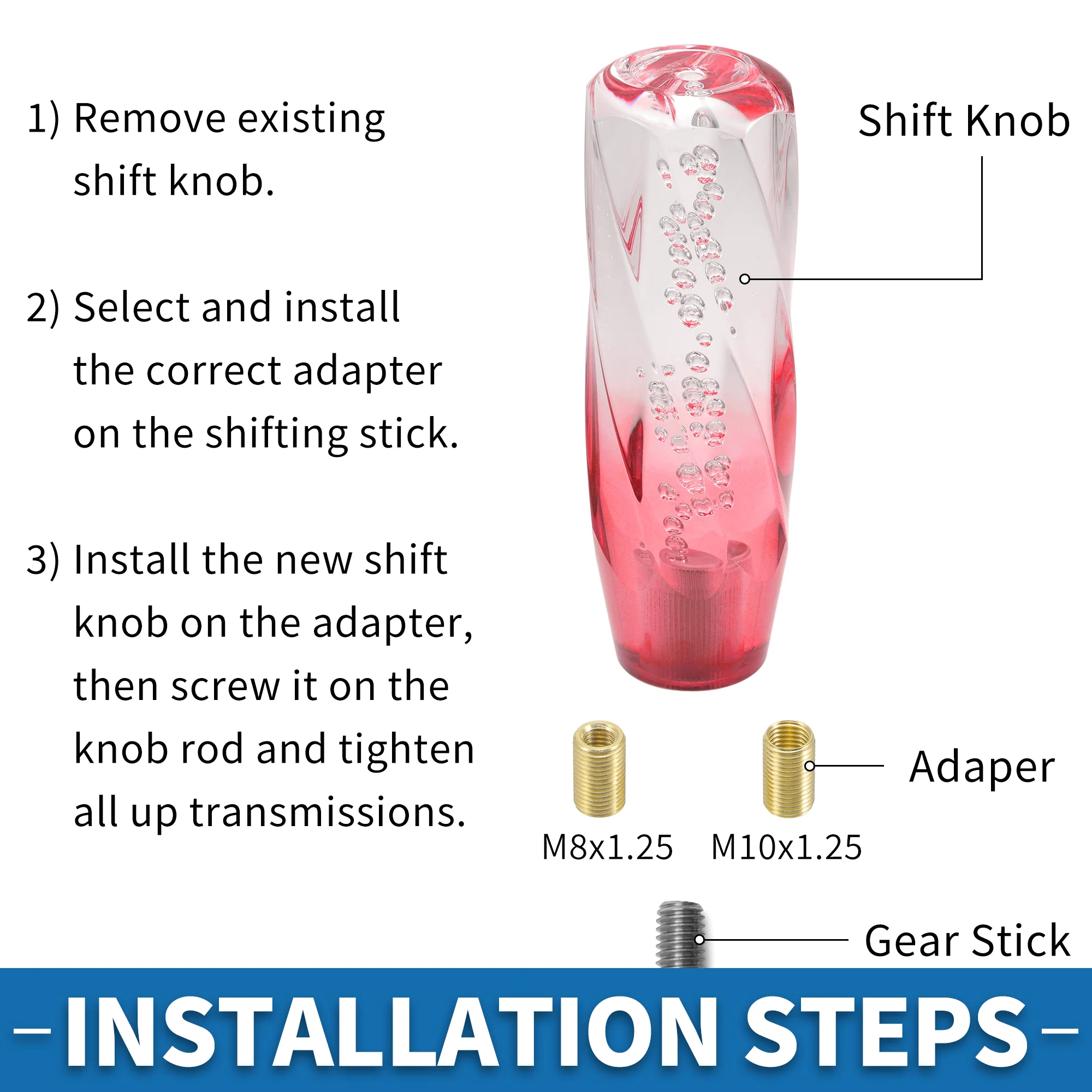 Universal Shift Knob 15cm Stick Shifter Lever Knob with 2 Adapter for Automatic and Manual Vehicle Acrylic Red Transparent - Image 5