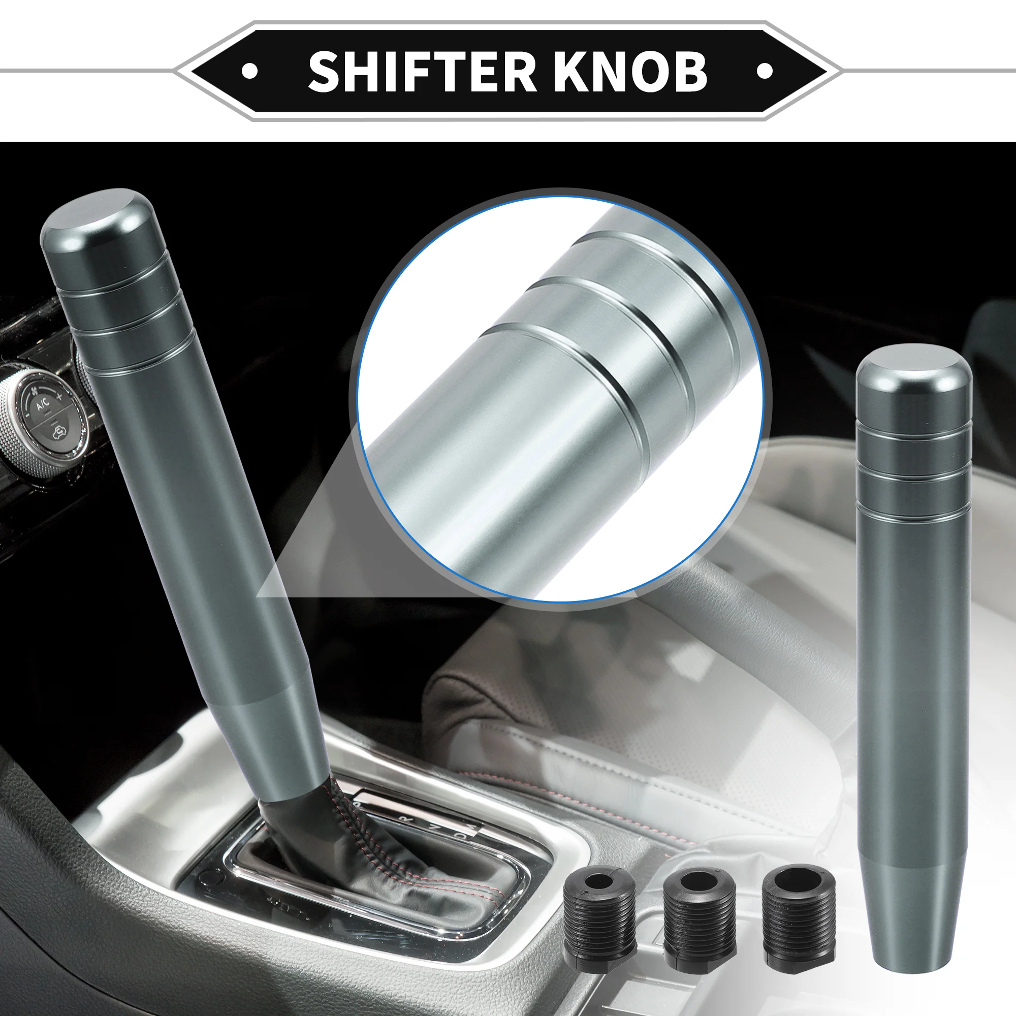 Gear Shifter Knob Kit, 18cm Car Shift Lever Knob Universal for Automatic and Manual Vehicle Durable Aluminum Alloy Titanium Tone with 3 Adapter - Image 2