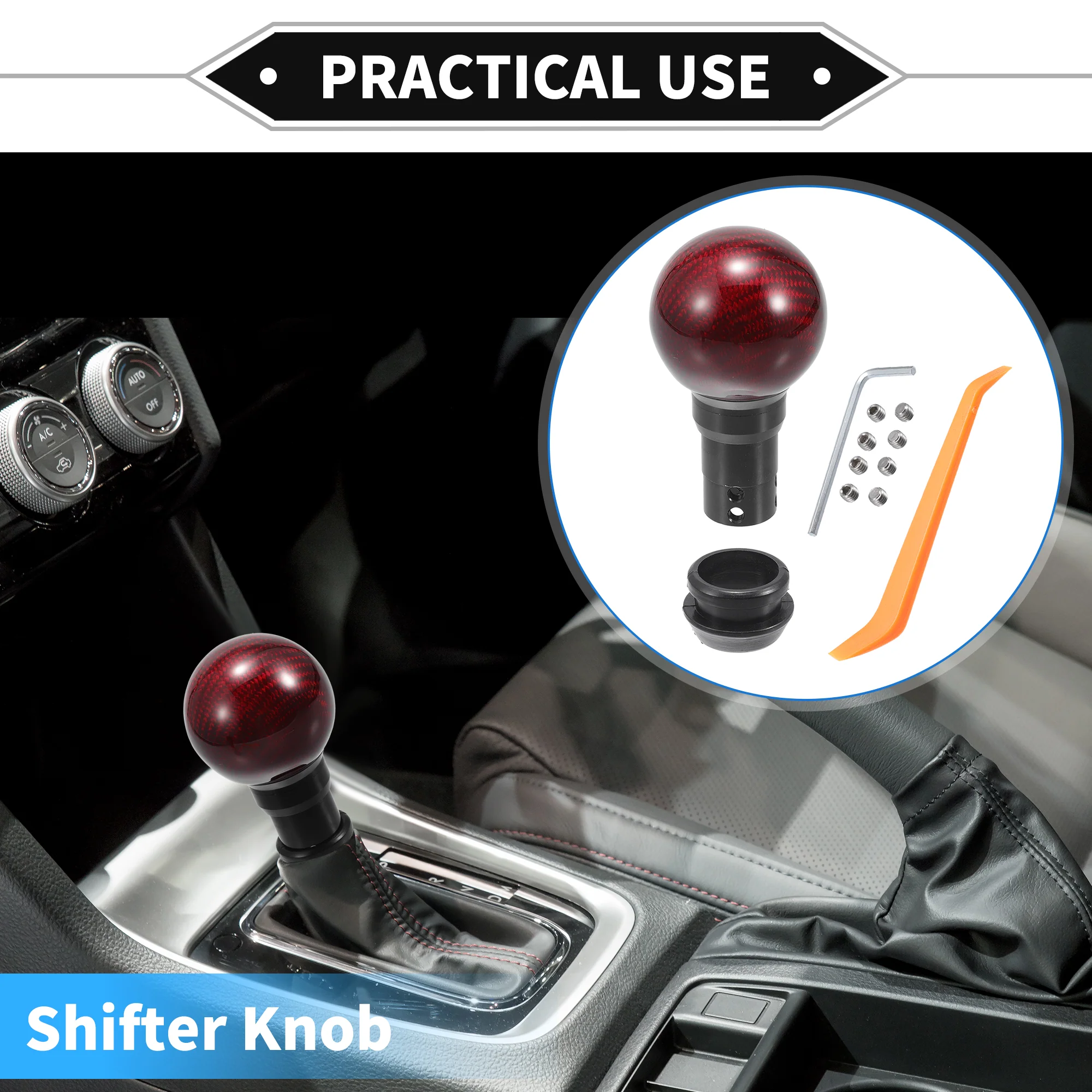 Shifter Knob Kit, 9.2cm Shift Lever Knob Universal for Automatic and Manual Vehicle Durable Aluminum Alloy Carbon Fiber Red with Gear Head Limiter - Image 3