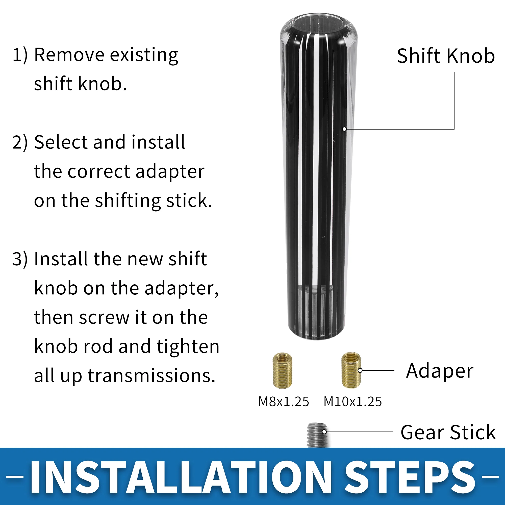 Universal Shift Knob 20cm Stick Shifter Lever Knob with 2 Adapter for Automatic and Manual Vehicle Acrylic Clear with Black Stitches - Image 5