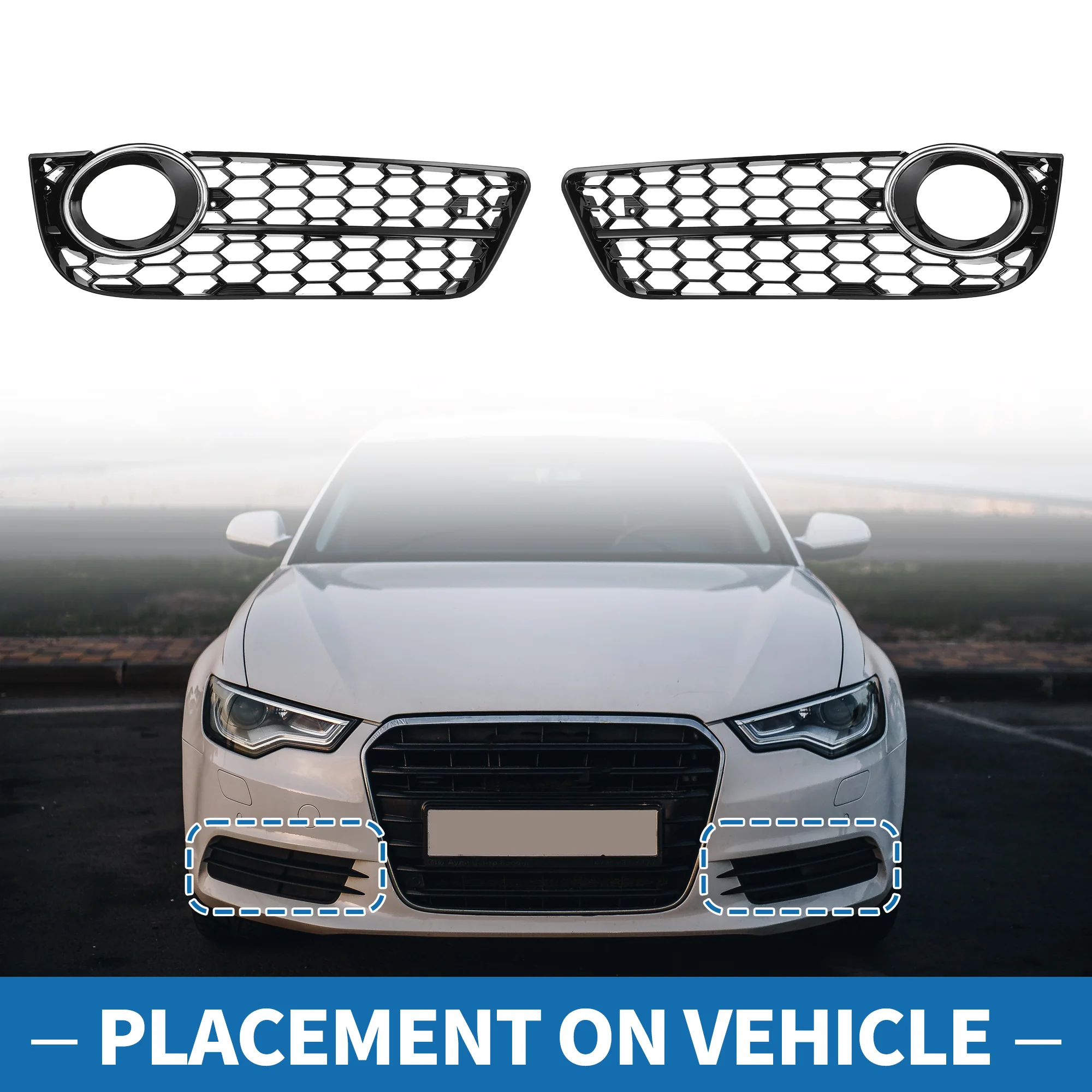 Fog Light Grill No.8T0807682/8T0807681 19.37"x5.71" Front Lower Bumper Fog Light Cover Inserts for Audi A5 2008-2012 ABS Black Silver Tone - Image 4
