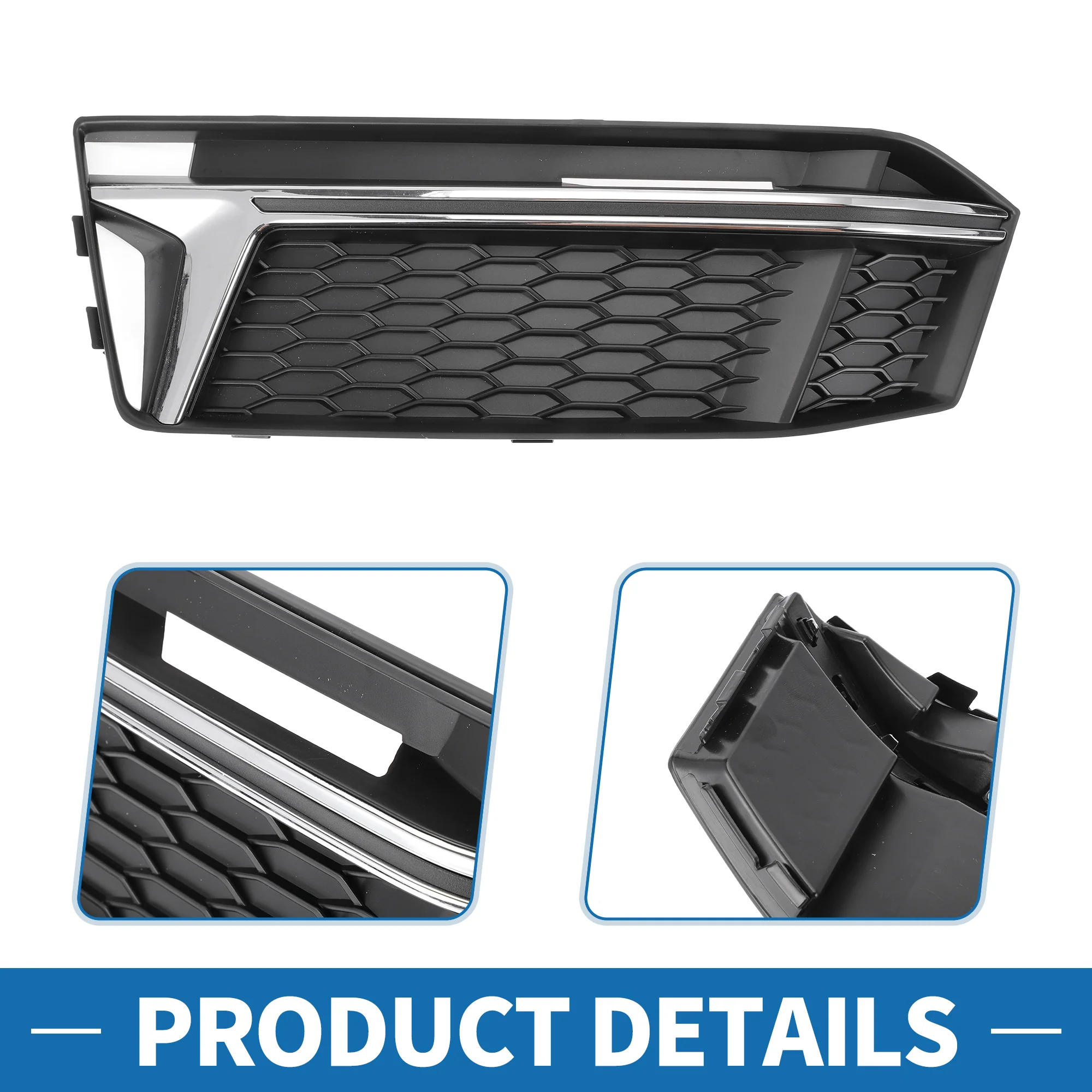 Fog Light Grill No.8W0807681K/8W0807682K 18.39"x6.30" Front Lower Bumper Fog Light Cover Inserts for Audi S4 A4 B9 2016-2018 ABS Black Silver Tone - Image 6