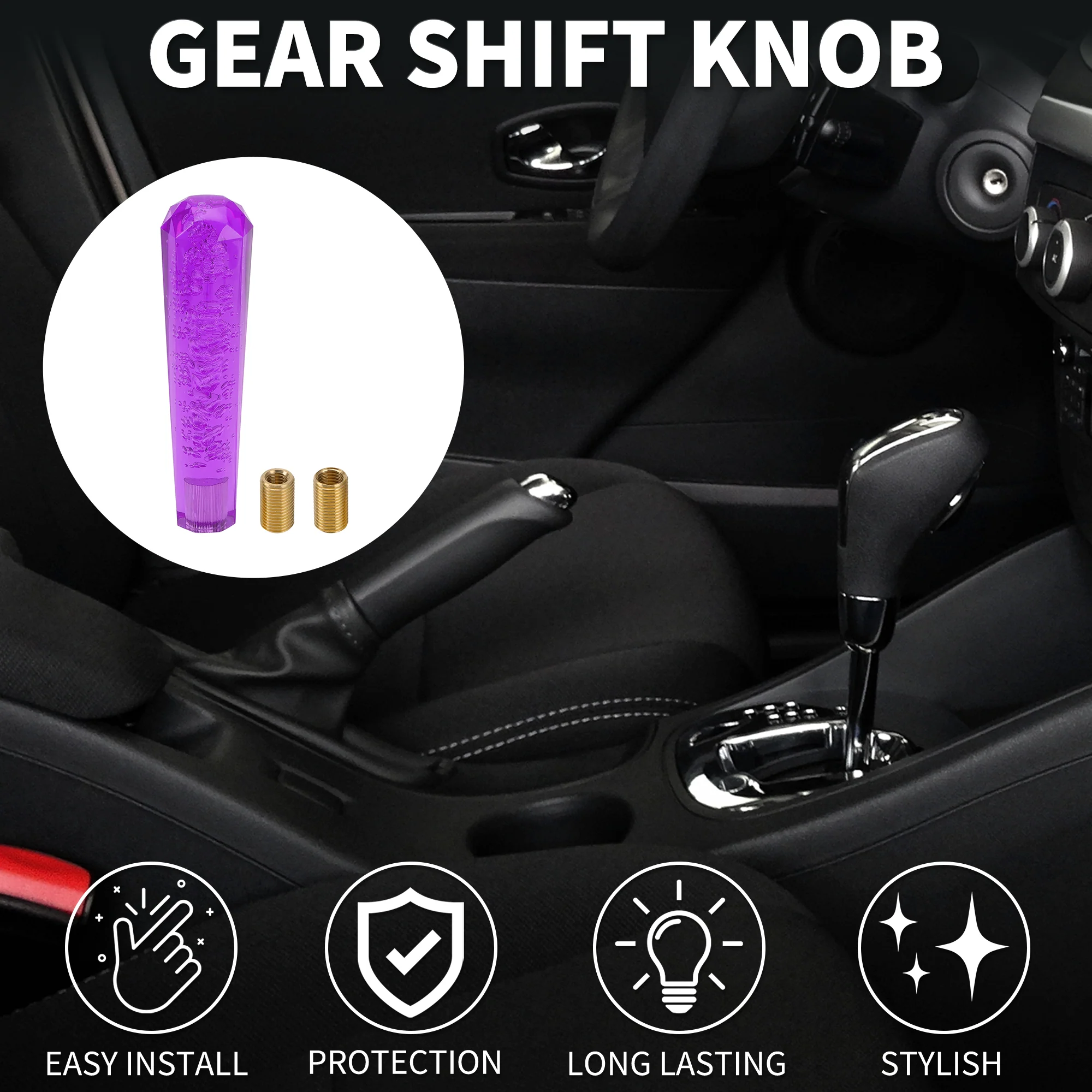 Car Shift Knob 20cm | Front Shift Lever Knob Universal for Automatic and Manual Vehicle Acrylic Purple with 2 Adapter 1 Set - Image 3