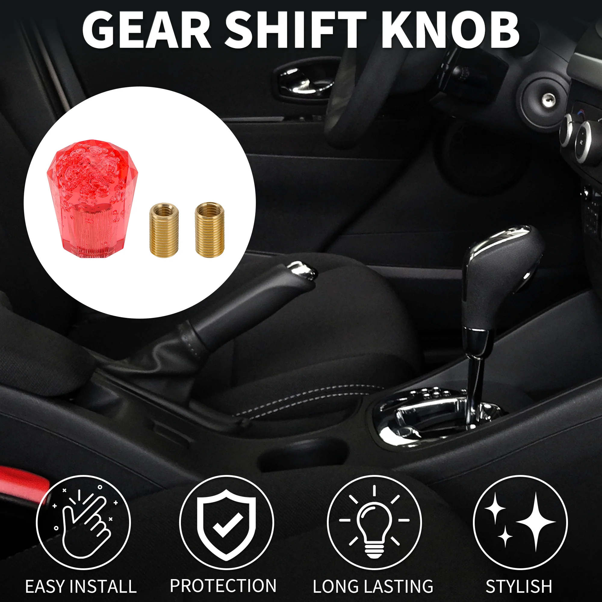 Car Shift Knob 6cm | Front Shift Lever Knob Universal for Automatic and Manual Vehicle Acrylic Red with 2 Adapter 1 Set - Image 3