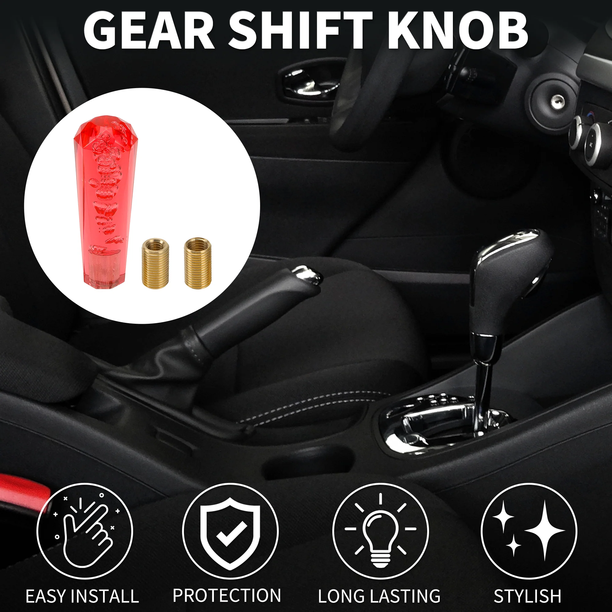 Car Gear Shift Knob 15cm | Front Shift Lever Knob Universal for Automatic and Manual Vehicle Acrylic Red with 2 Adapter 1 Set - Image 3