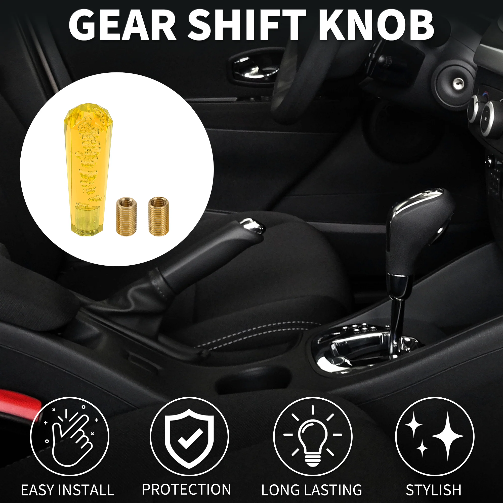 Car Gear Shift Knob 15cm | Front Shift Lever Knob Universal for Automatic and Manual Vehicle Acrylic Yellow with 2 Adapter 1 Set - Image 3