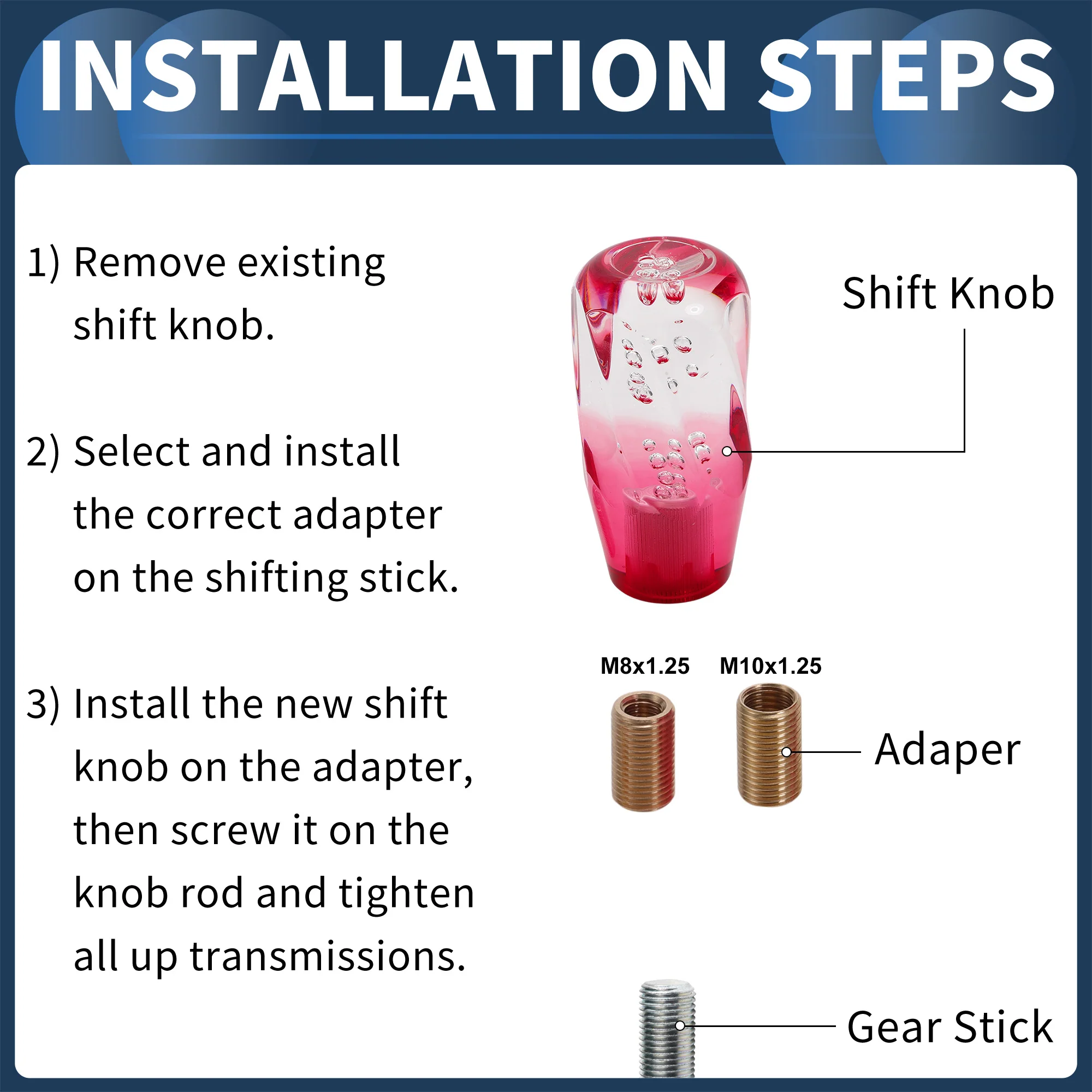10cm Automatic and Manual Shift Knob with 2 Adapter Acrylic Clear Red 1 Set - Image 4