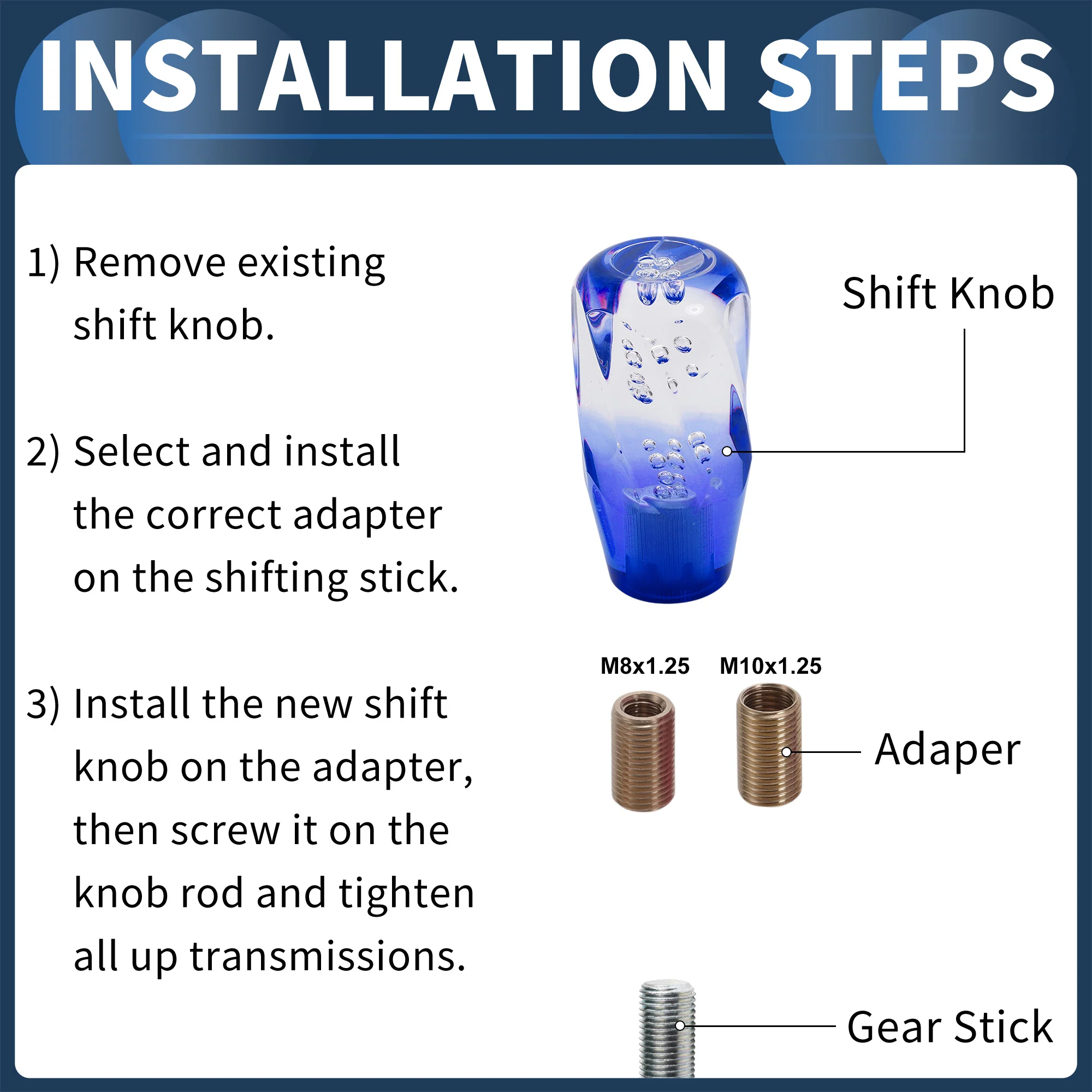 10cm Automatic and Manual Shift Knob with 2 Adapter Acrylic Clear Blue 1 Set - Image 4