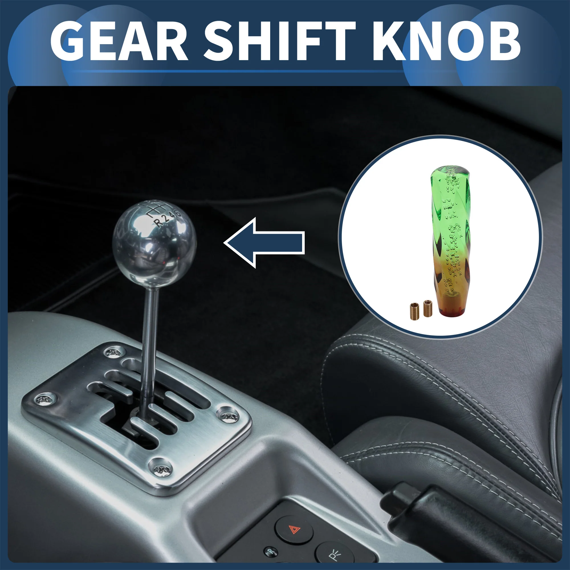 20cm Automatic and Manual Gear Shift Knob W/ 2 Adapter Acrylic Green Brown 1 Set - Image 2