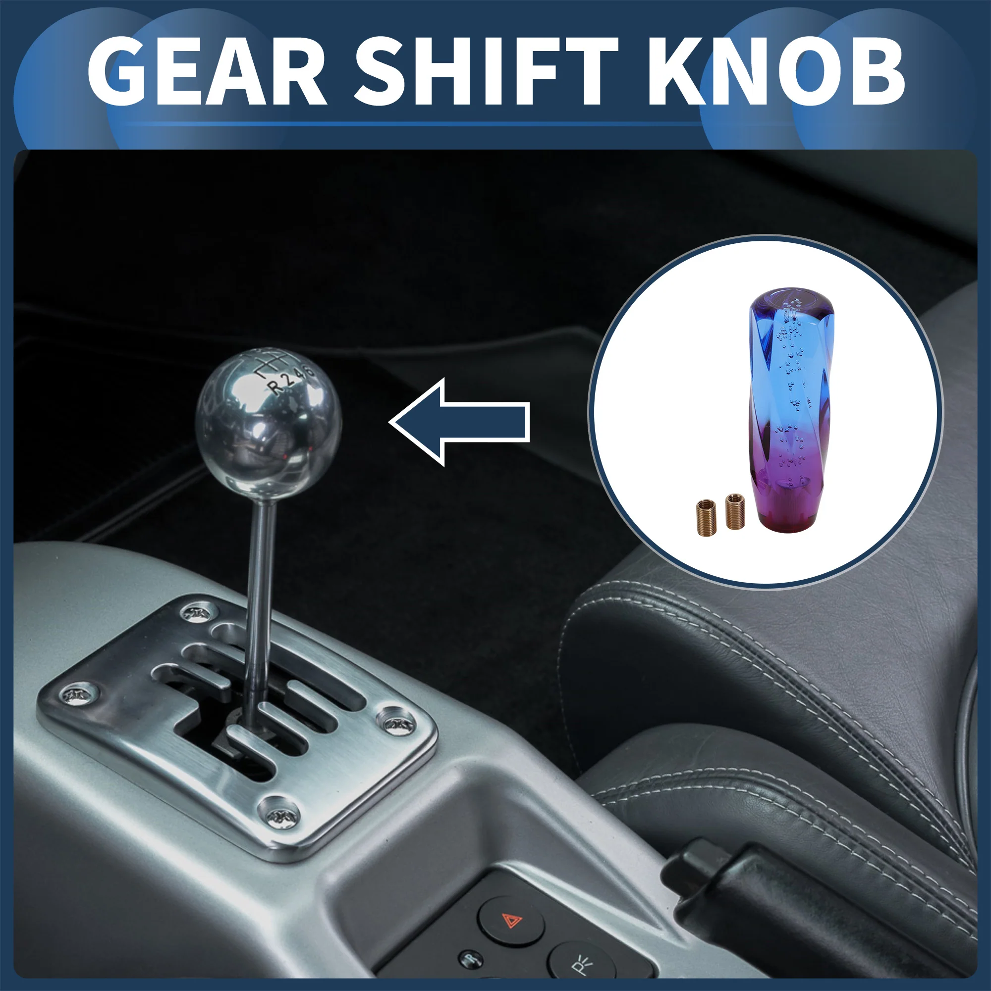 15cm Automatic and Manual Gear Shift Knob W/ 2 Adapter Acrylic Blue Purple 1 Set - Image 2