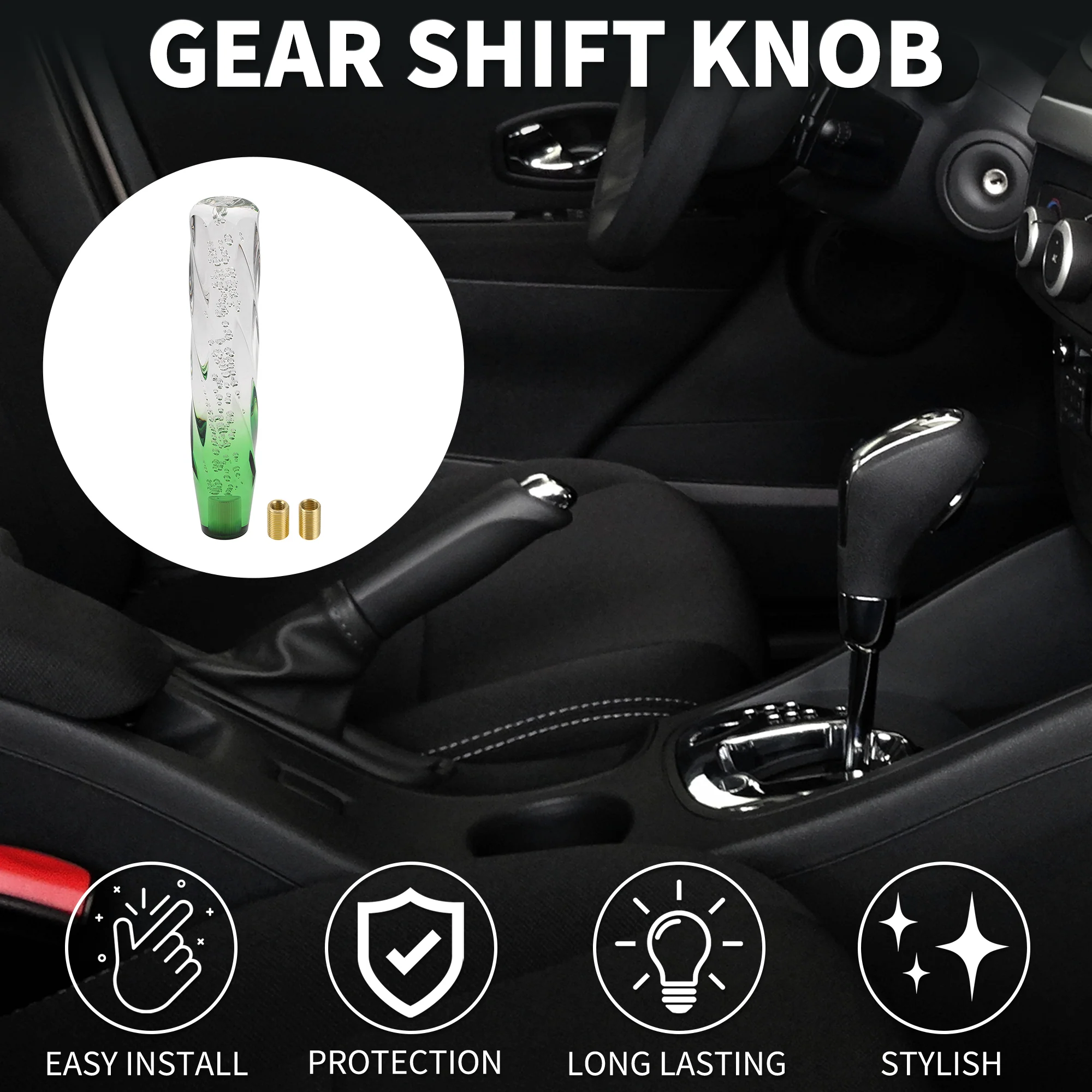 25cm Automatic and Manual Gear Shift Knob W/ 2 Adapter Acrylic Clear Green 1 Set - Image 2