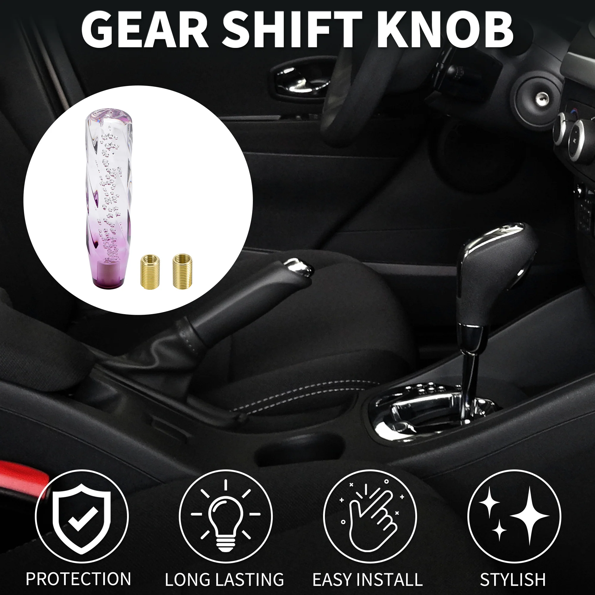 20cm Automatic and Manual Shift Knob with 2 Adapter Acrylic Clear Purple 1 Set - Image 2