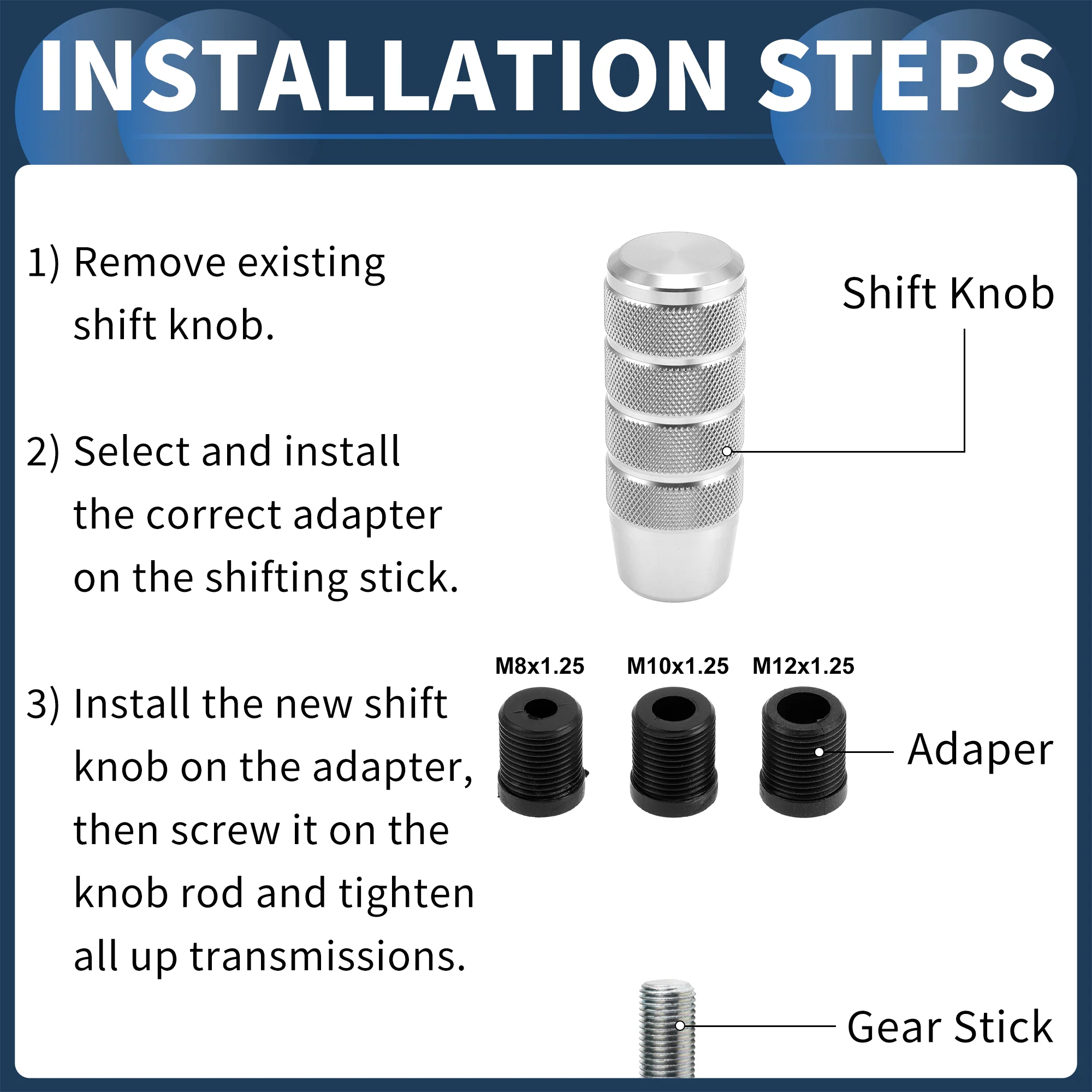 9.5cm Automatic Manual Shift Knob W/ 3 Adapter Aluminum Alloy Silver Tone 1 Set - Image 6