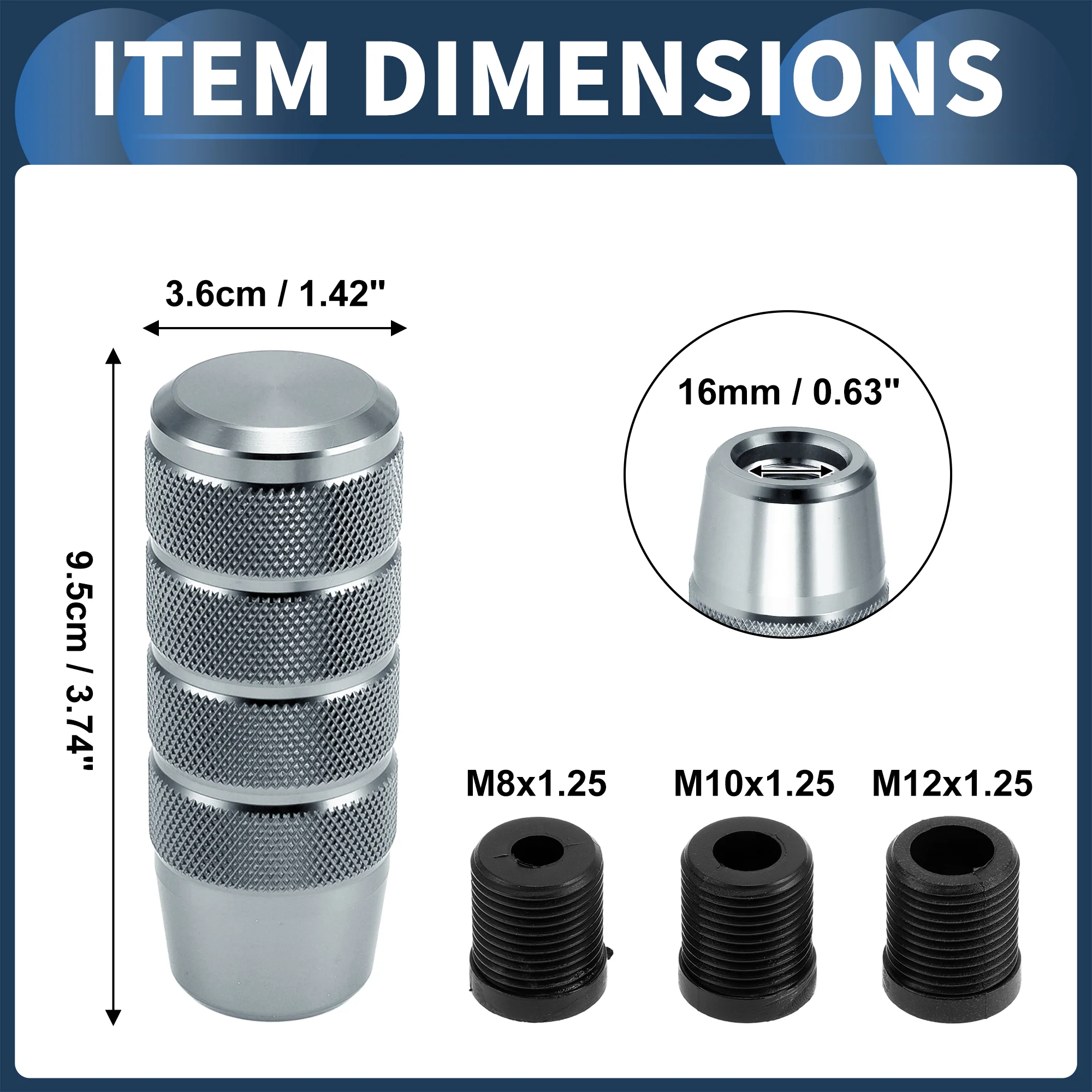 9.5cm Automatic and Manual Shift Knob with 3 Adapter Aluminum Alloy Gray 1 Set - Image 5