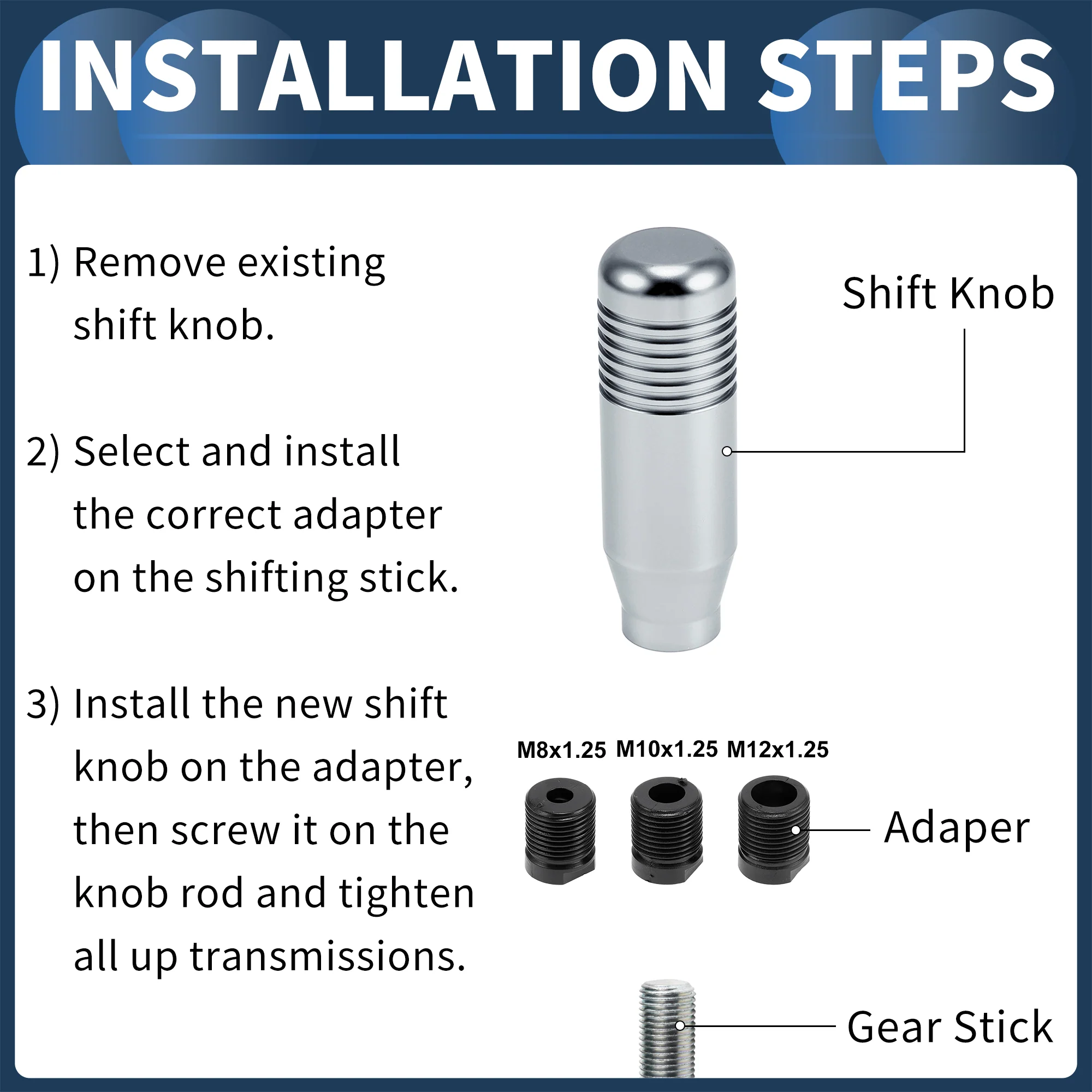 8.5cm Automatic Manual Shift Knob W/ 3 Adapter Aluminum Alloy Titanium Tone 1Set - Image 6