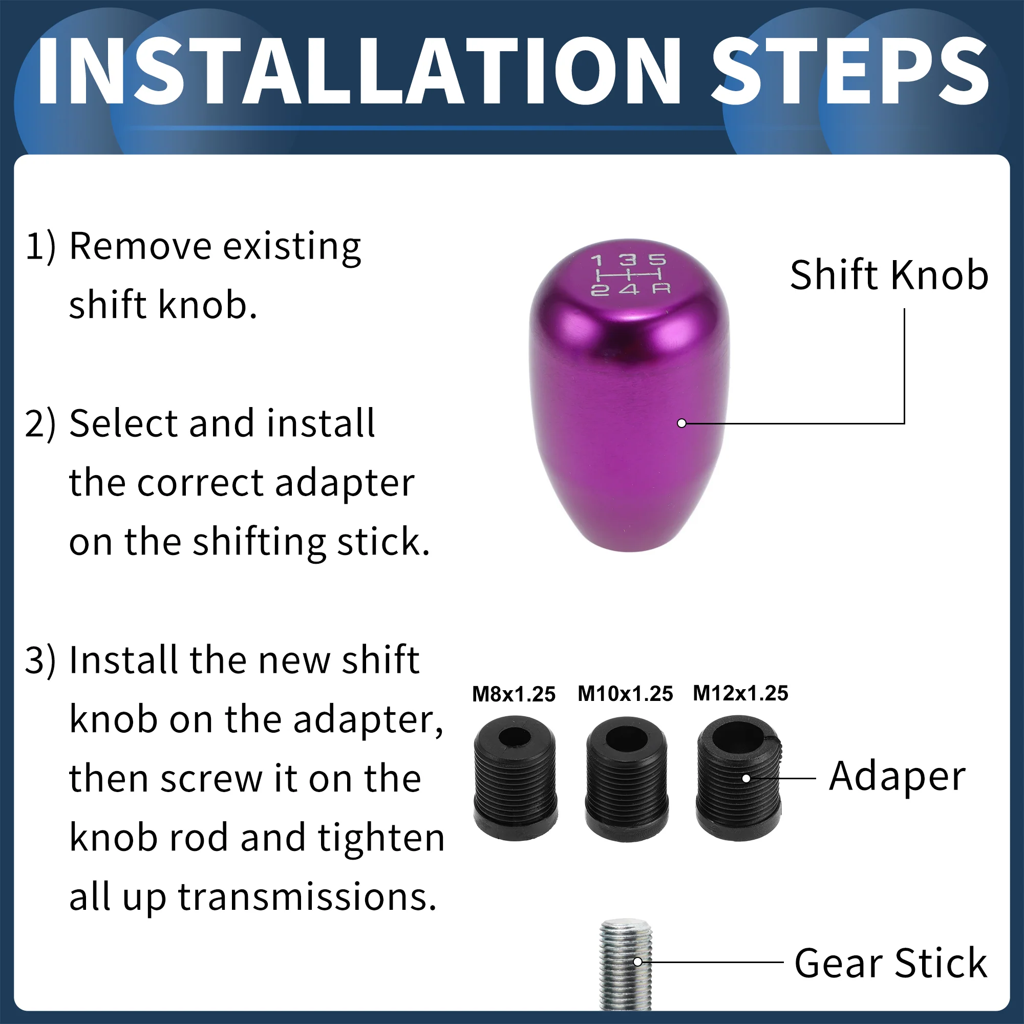 6cm 5 Speed Manual Universal Shift Knob W/ 3 Adapter Aluminum Alloy Purple 1 Set - Image 6