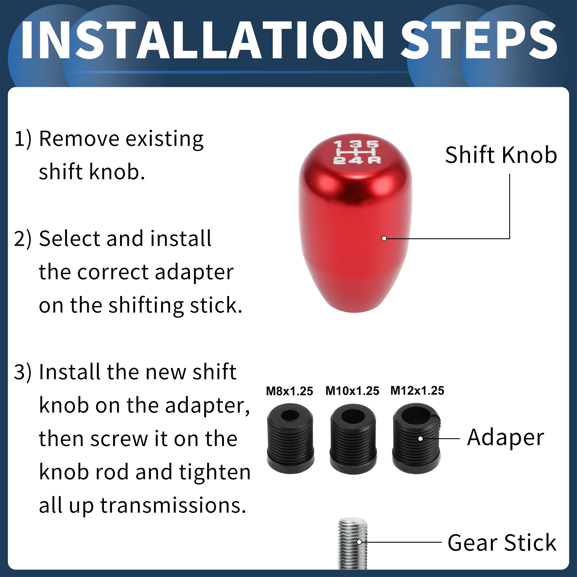 6cm 5 Speed Manual Universal Shift Knob with 3 Adapter Aluminum Alloy Red 1 Set - Image 6