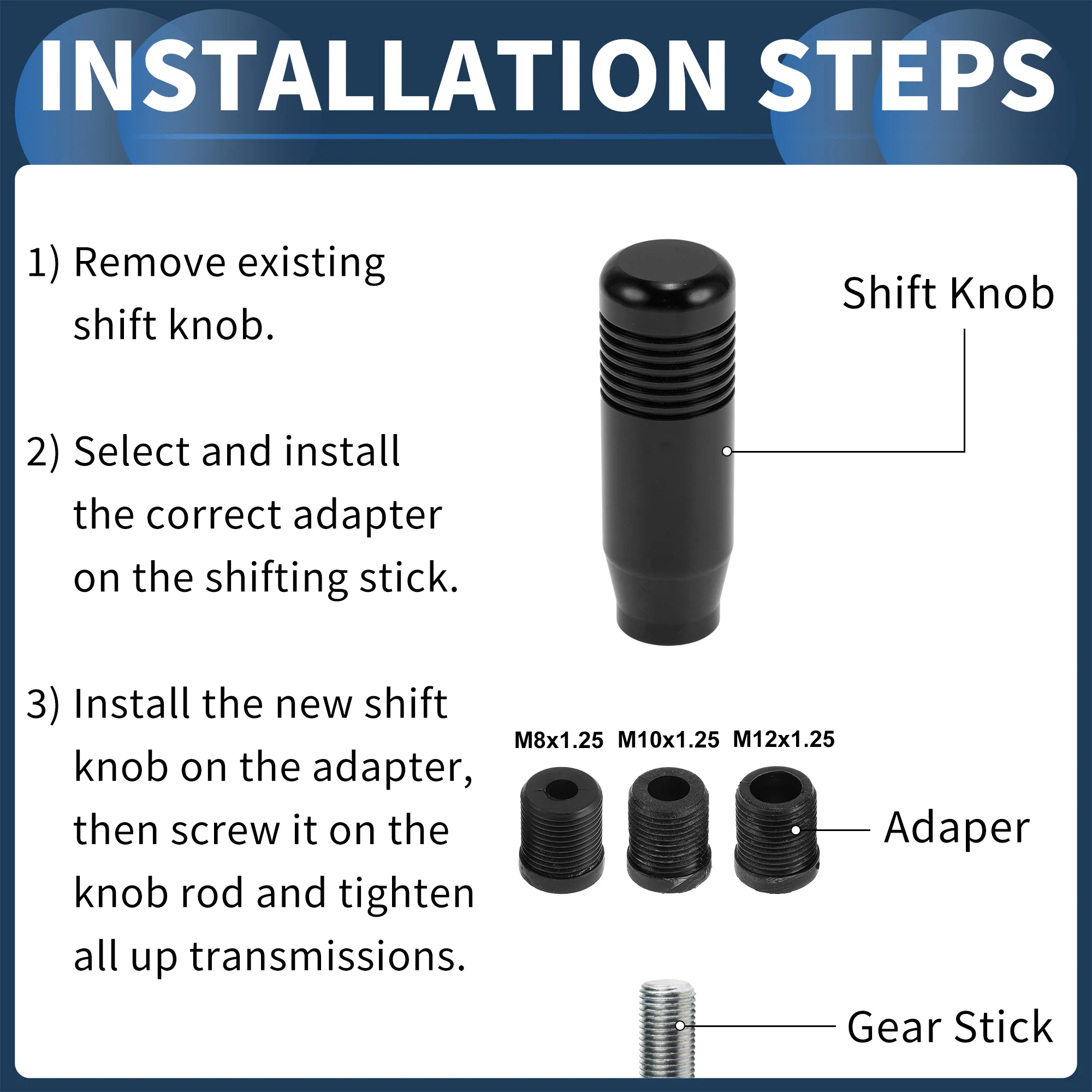 8.5cm Automatic and Manual Shift Knob with 3 Adapter Aluminum Alloy Black 1 Set - Image 7